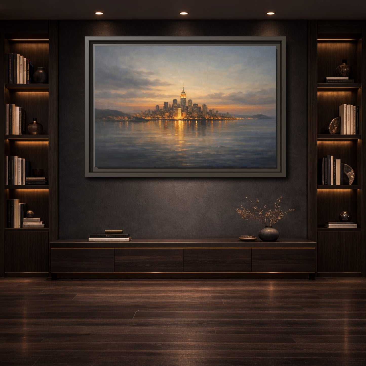Mockup 3. Vintage New York City Dusk City Lights shown as stretched canvas wall art