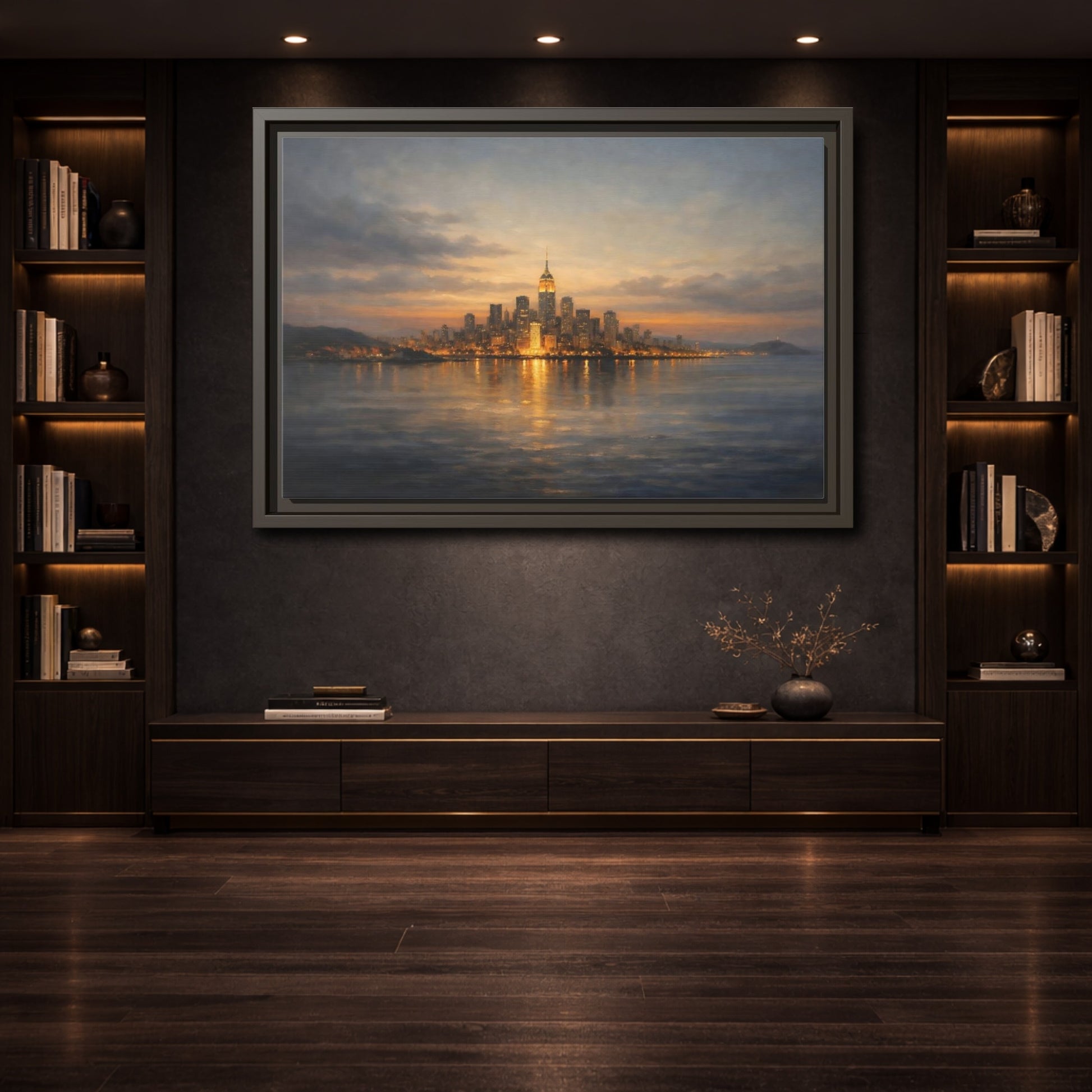 Mockup 3. Vintage New York City Dusk City Lights shown as stretched canvas wall art