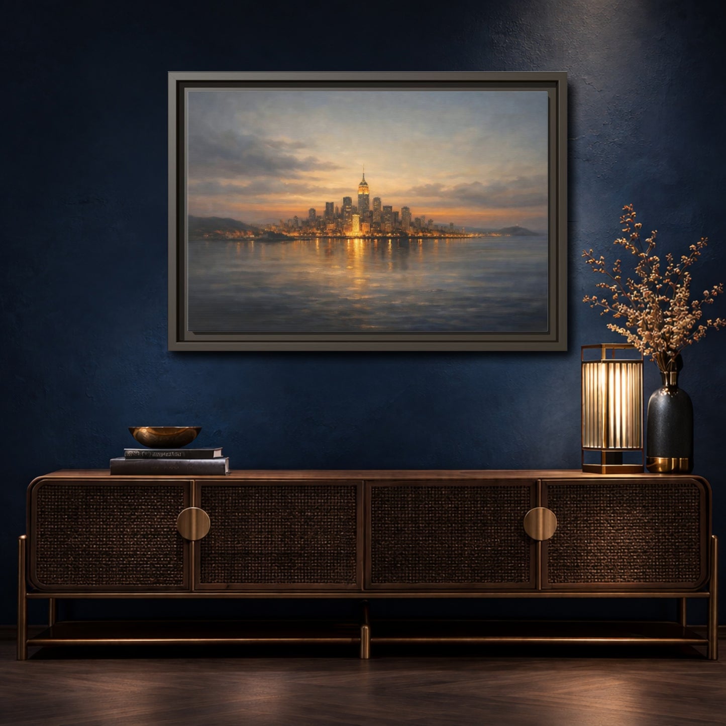 Mockup 4. Vintage New York City Dusk City Lights shown as stretched canvas wall art