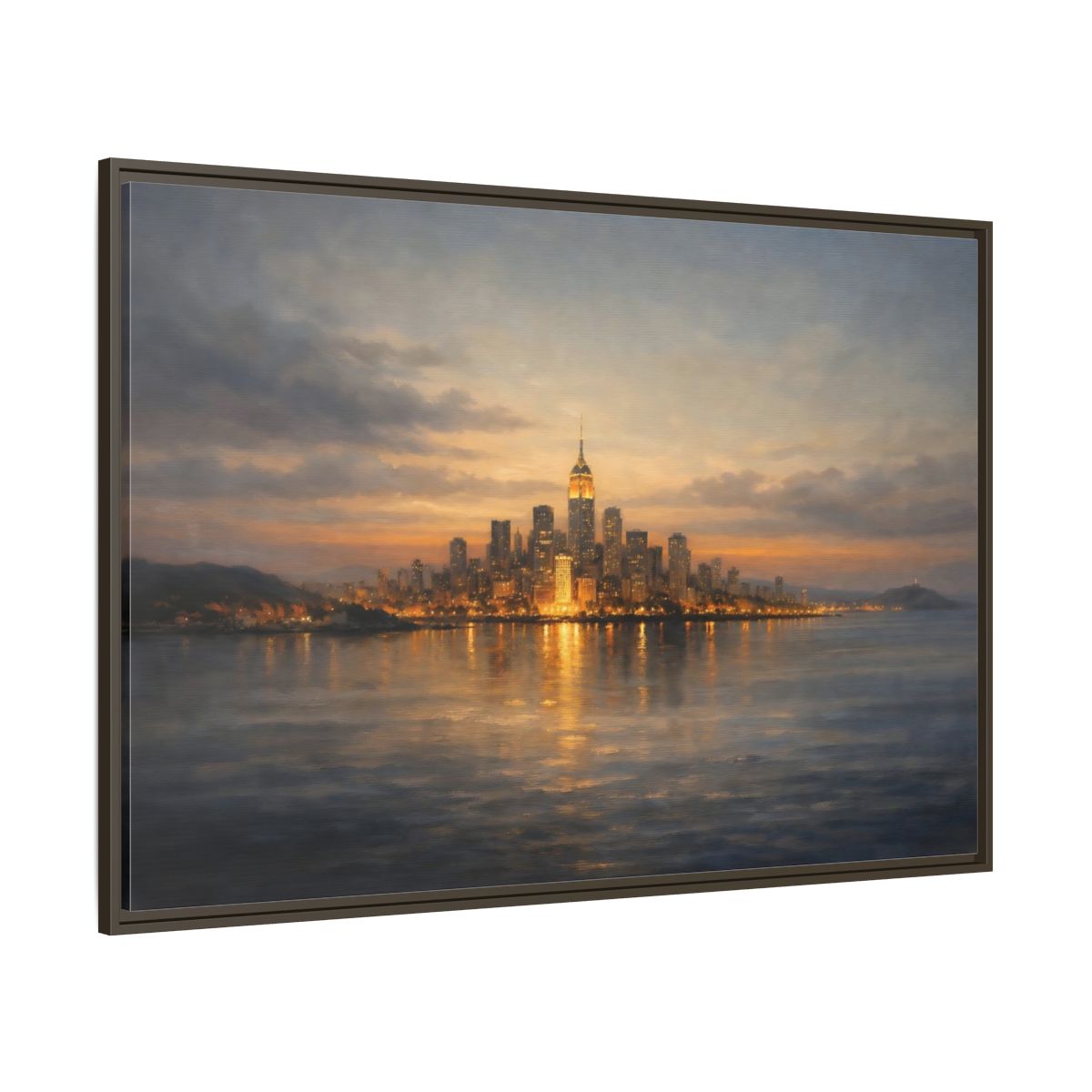Main Mockup. Vintage New York City Dusk Cityscape shown as stretched canvas wall art