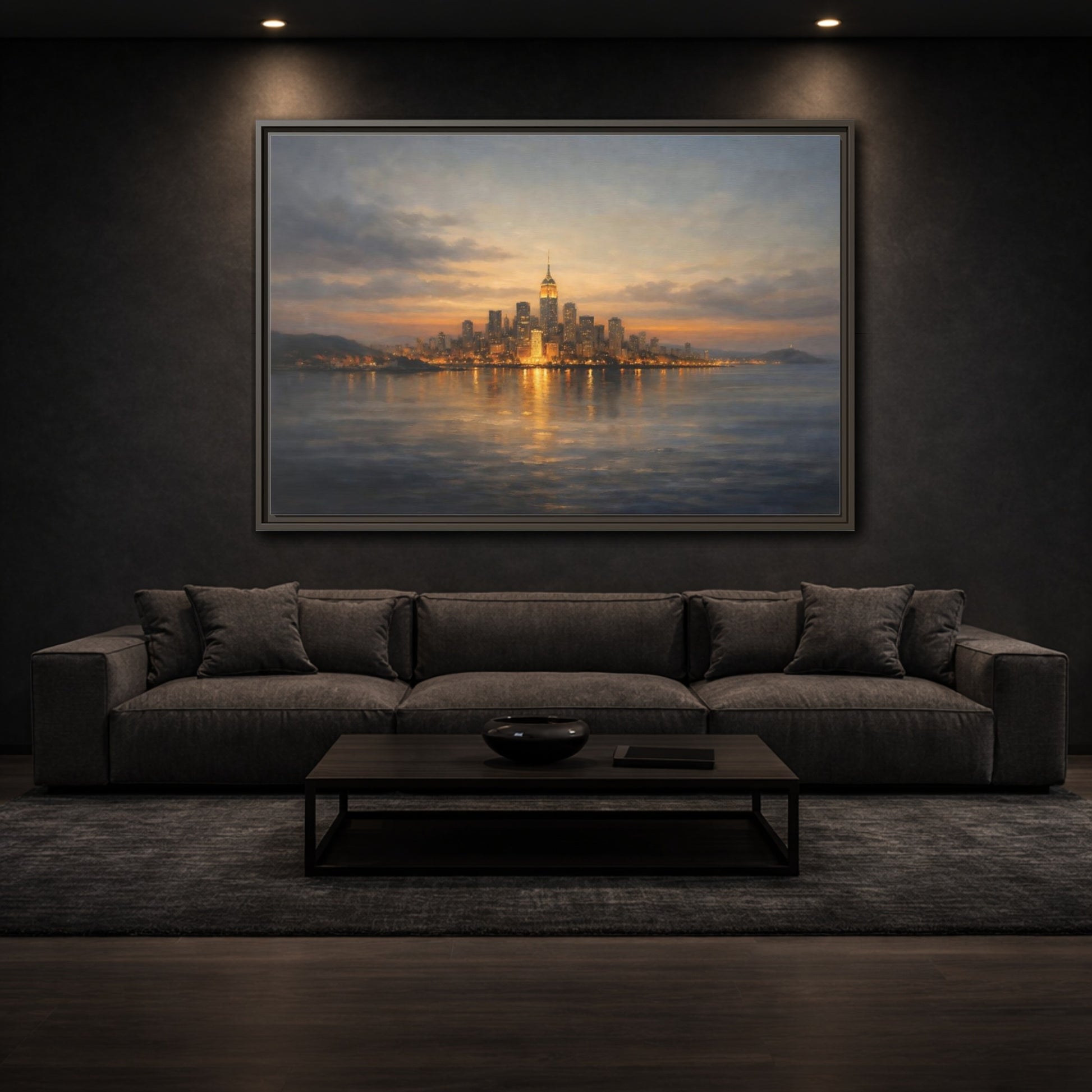 Mockup 2. Vintage New York City Dusk Cityscape shown as stretched canvas wall art