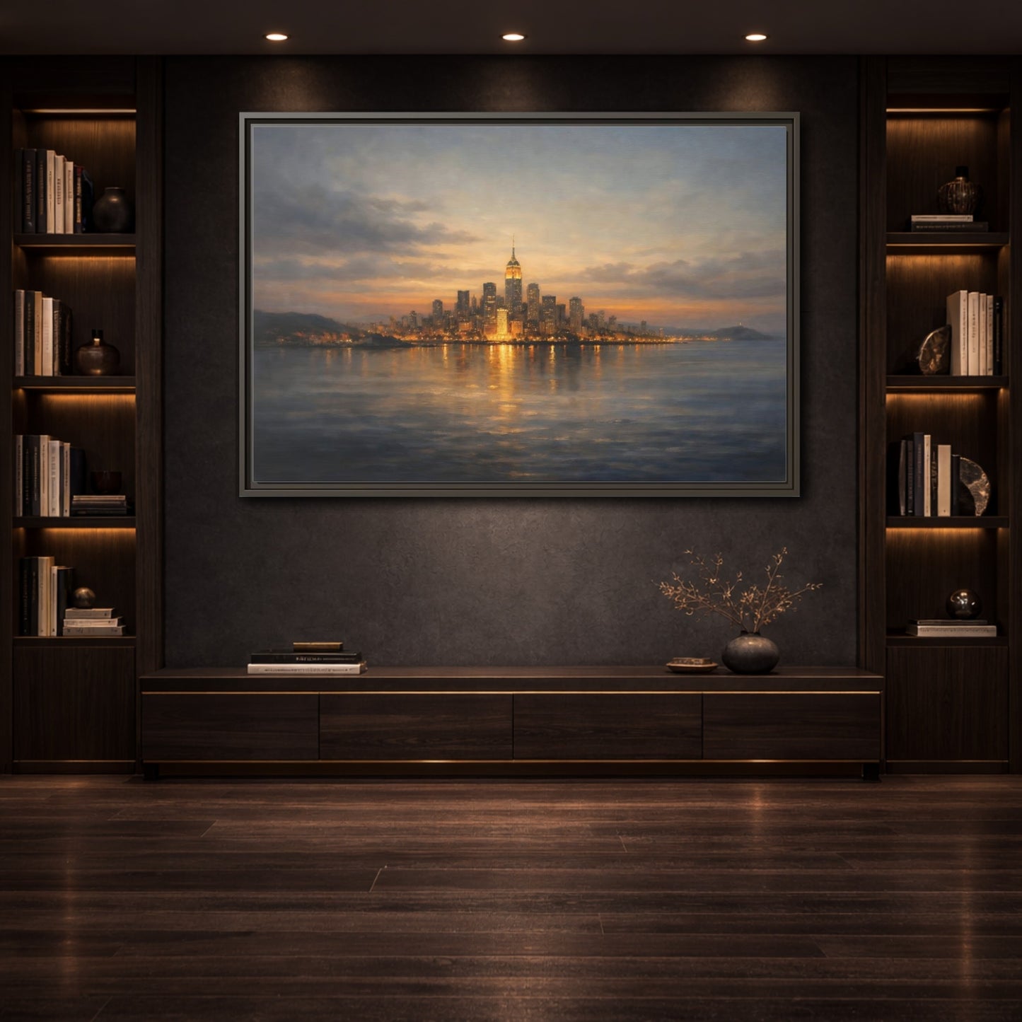 Mockup 3. Vintage New York City Dusk Cityscape shown as stretched canvas wall art