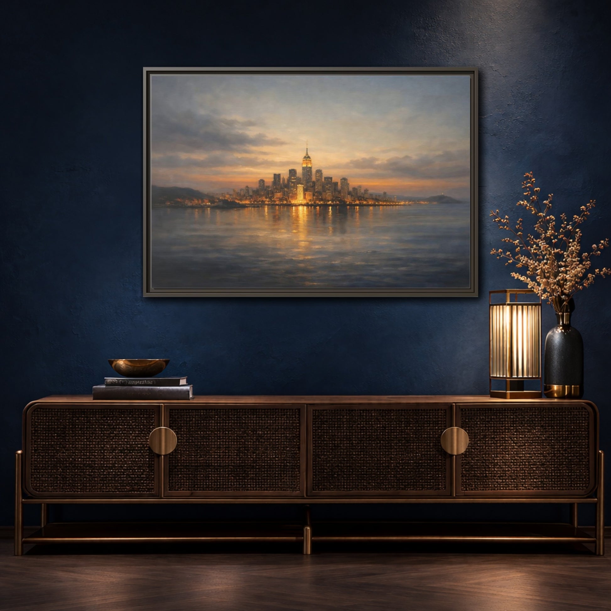 Mockup 4. Vintage New York City Dusk Cityscape shown as stretched canvas wall art