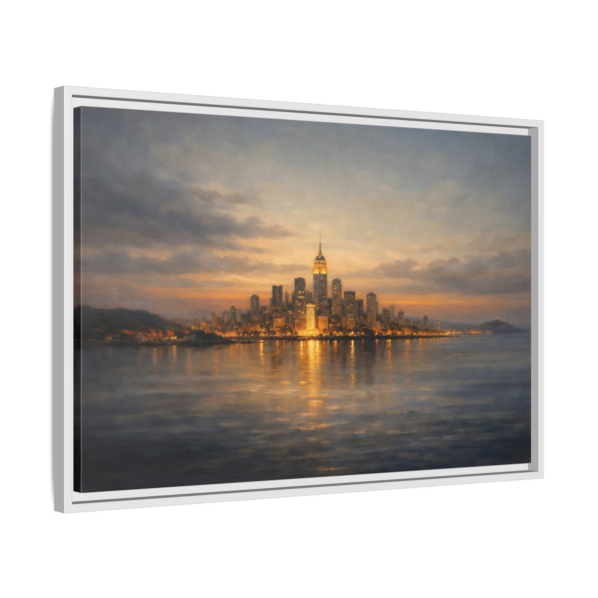 Side Mockup 10. Vintage New York City Dusk City Lights shown as stretched canvas wall art
