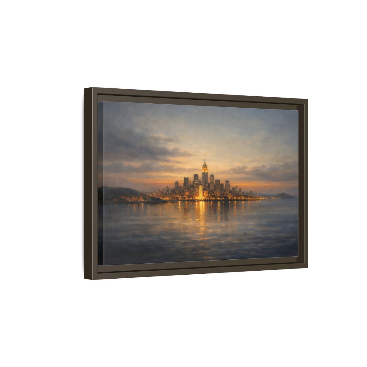 Side Mockup 5. Vintage New York City Dusk City Lights shown as stretched canvas wall art