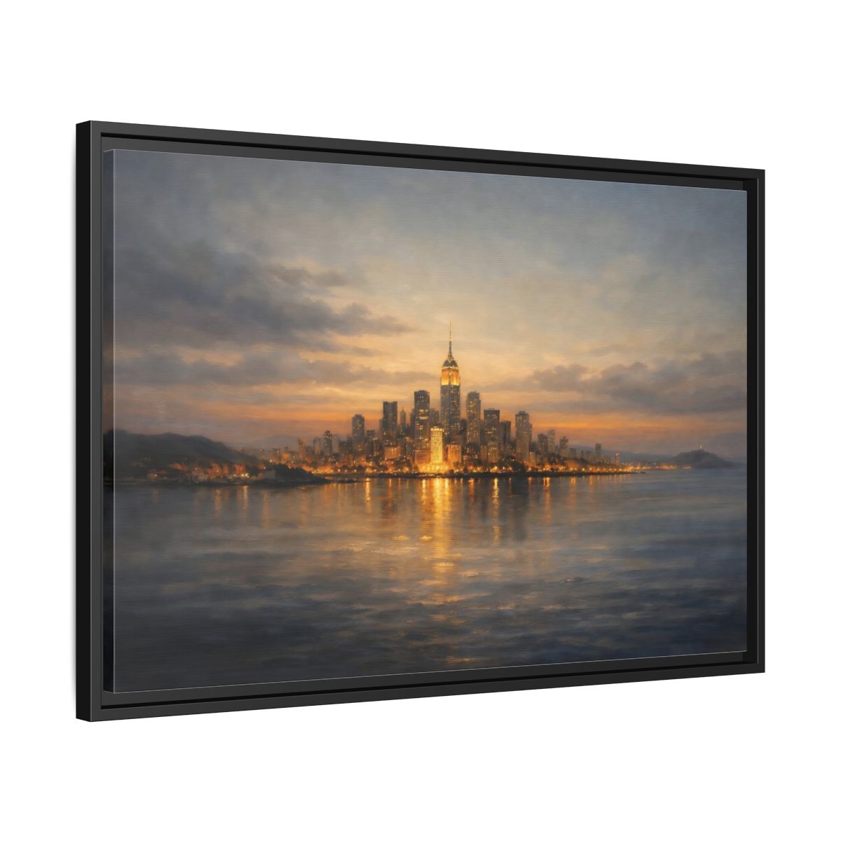 Side Mockup 14. Vintage New York City Dusk City Lights shown as stretched canvas wall art