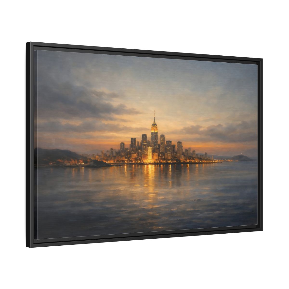 Side Mockup 13. Vintage New York City Dusk City Lights shown as stretched canvas wall art