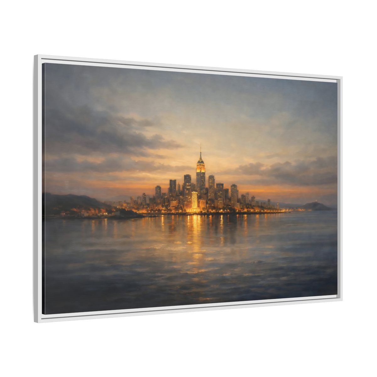 Side Mockup 7. Vintage New York City Dusk City Lights shown as stretched canvas wall art