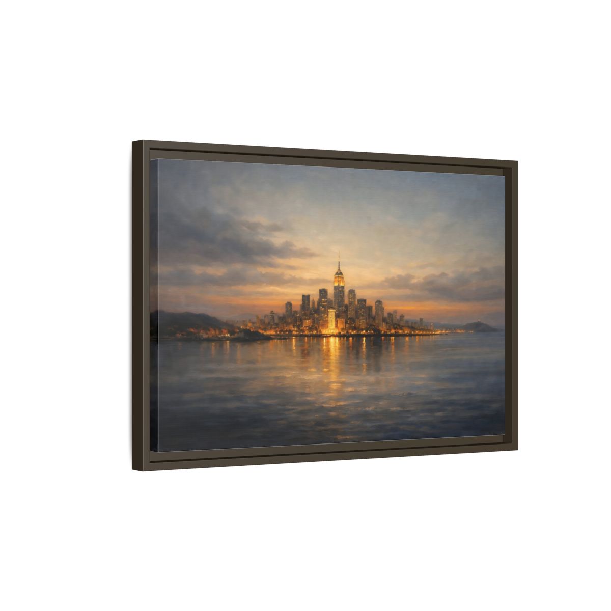 Side Mockup 2. Vintage New York City Dusk City Lights shown as stretched canvas wall art