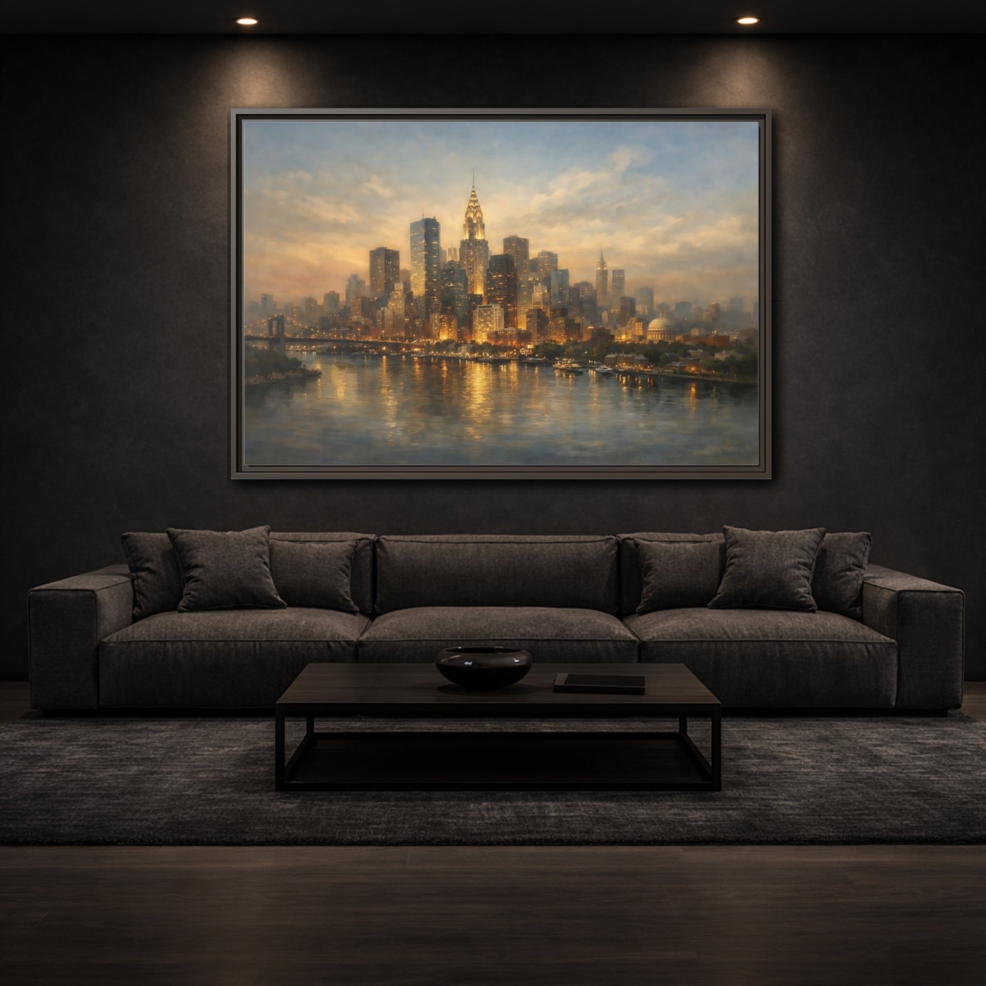 Mockup 2. Vintage New York City Golden Cityscape shown as stretched canvas wall art