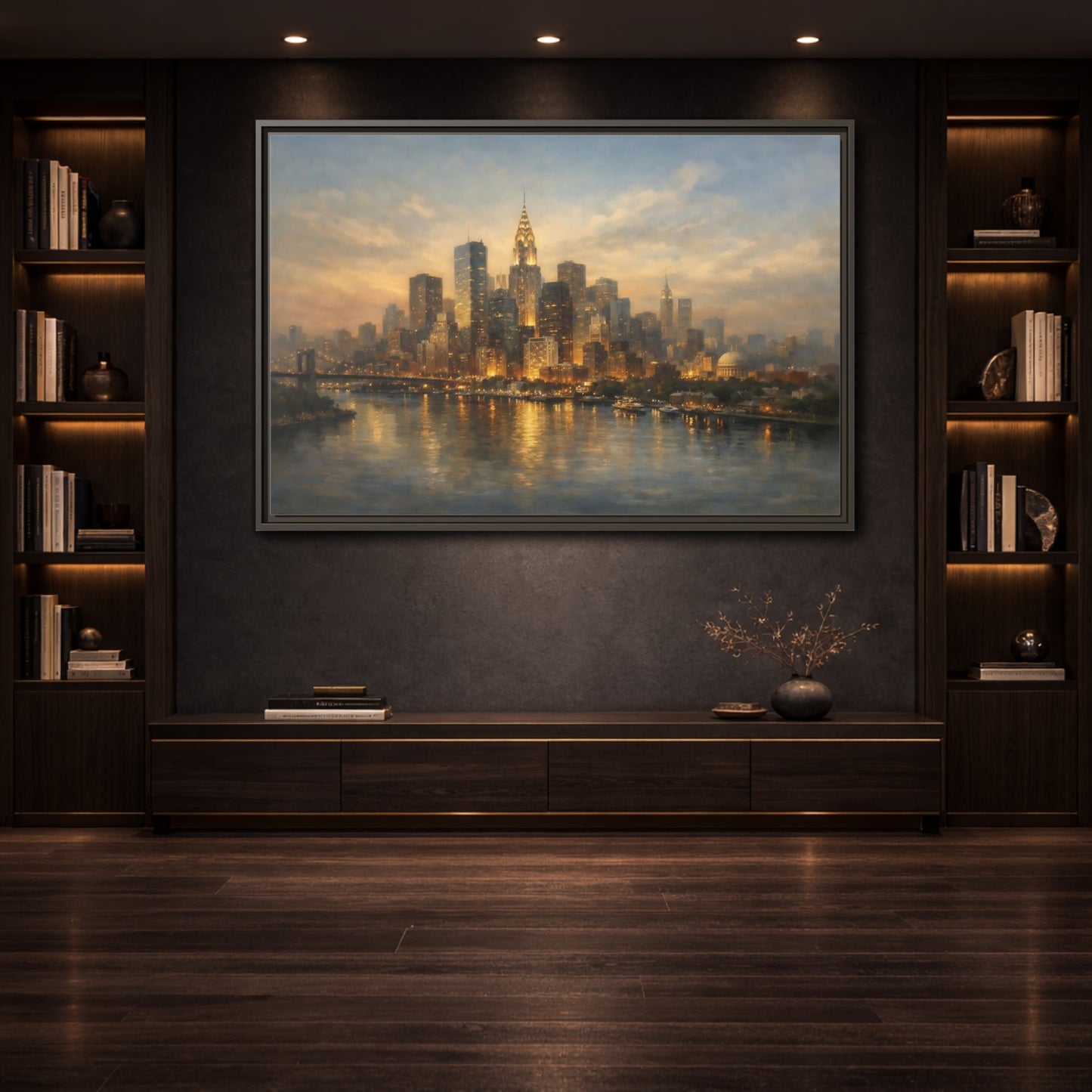 Mockup 3. Vintage New York City Golden Cityscape shown as stretched canvas wall art
