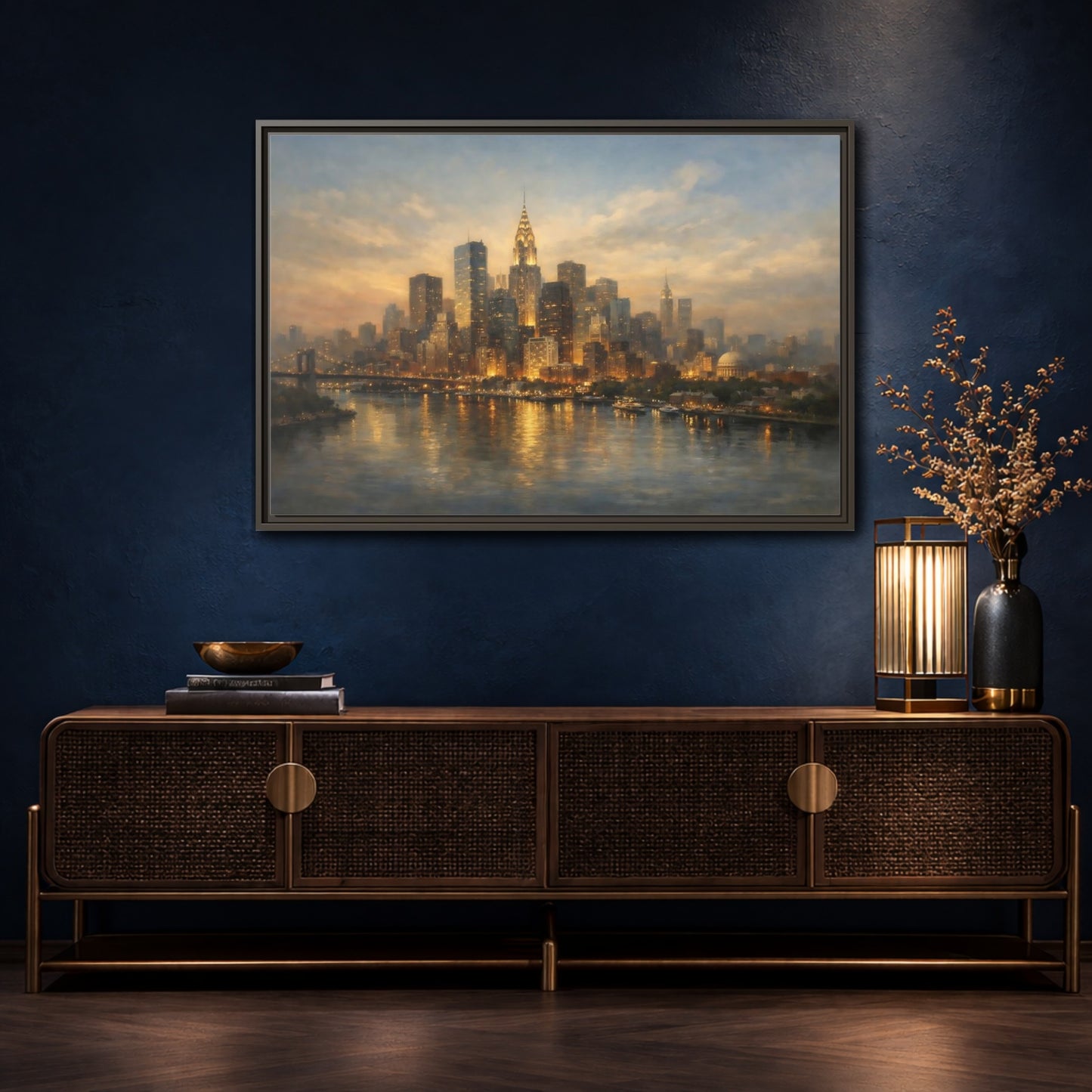 Mockup 4. Vintage New York City Golden Cityscape shown as stretched canvas wall art