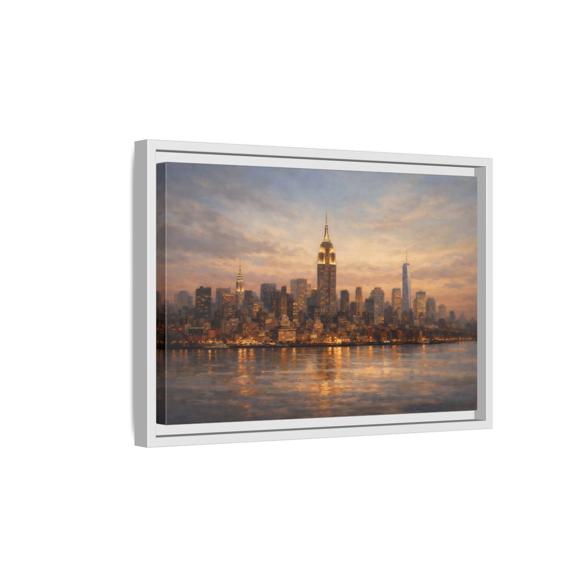 Side Mockup 4. Vintage New York Skyline Sunset Cityscape shown as stretched canvas wall art