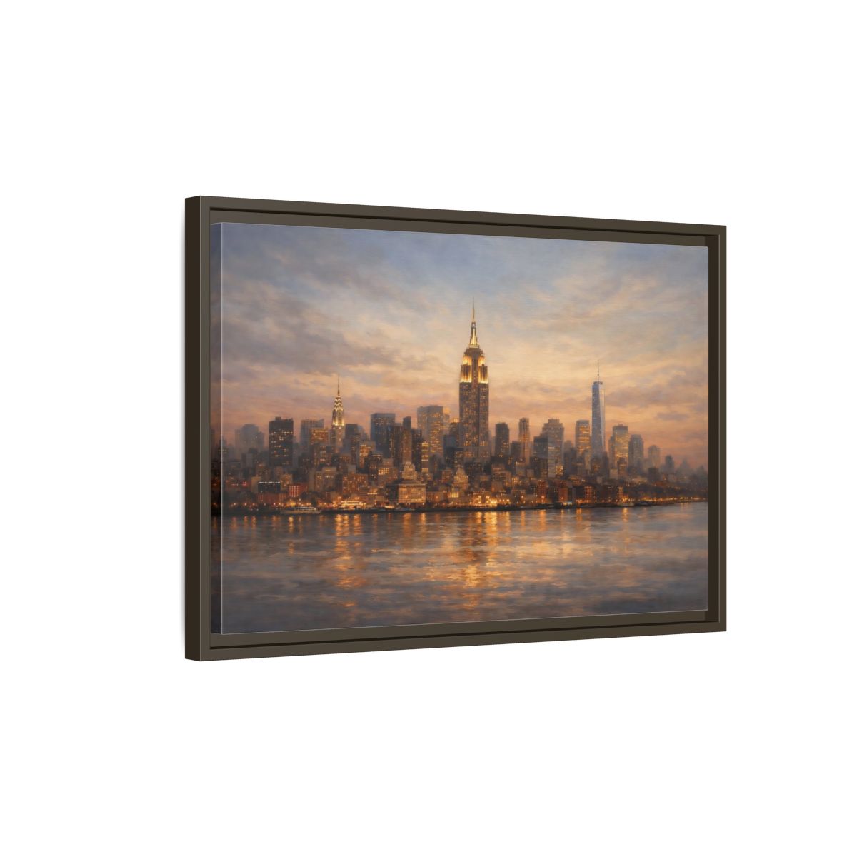 Side Mockup 2. Vintage New York Skyline Sunset Cityscape shown as stretched canvas wall art