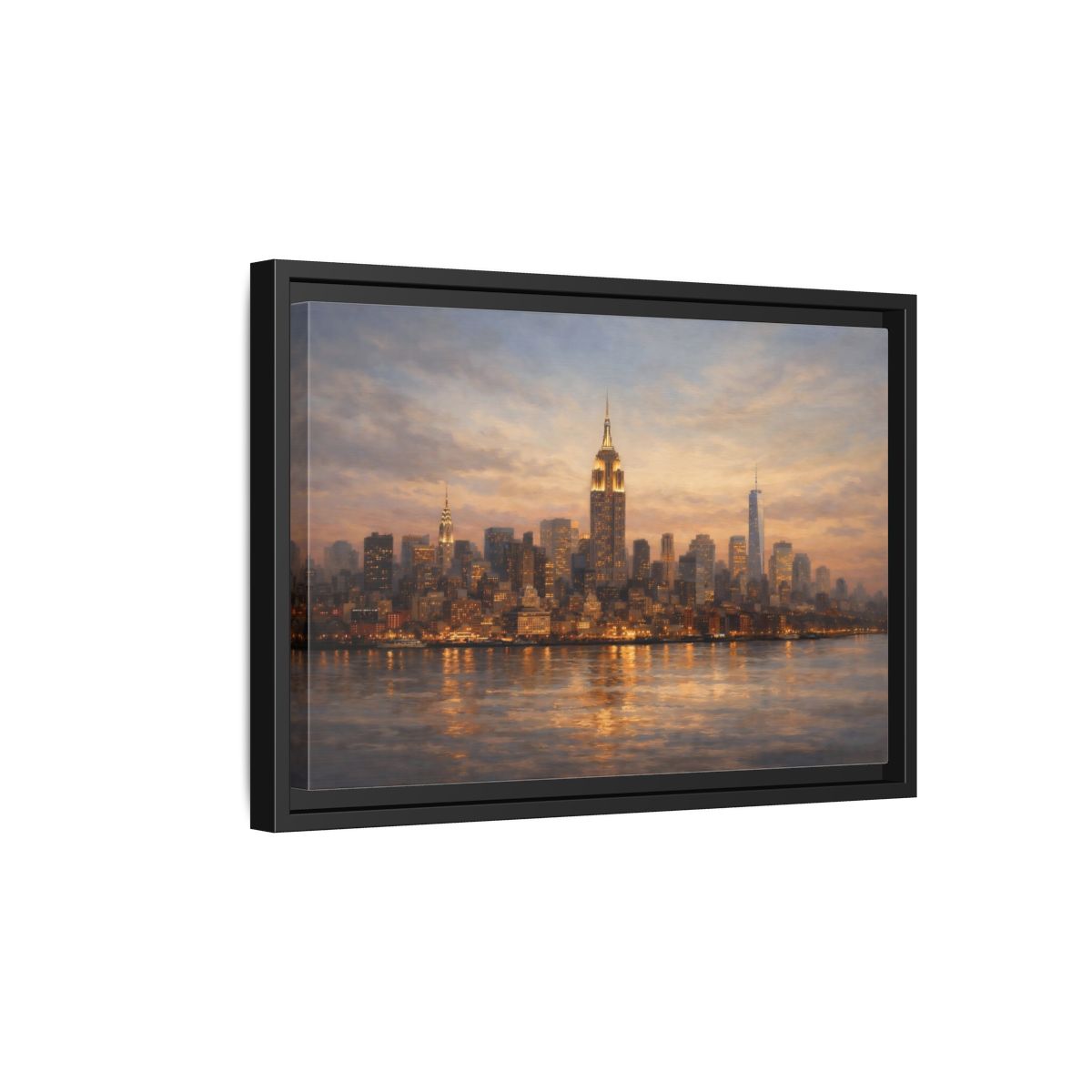 Side Mockup 6. Vintage New York Skyline Sunset Cityscape shown as stretched canvas wall art