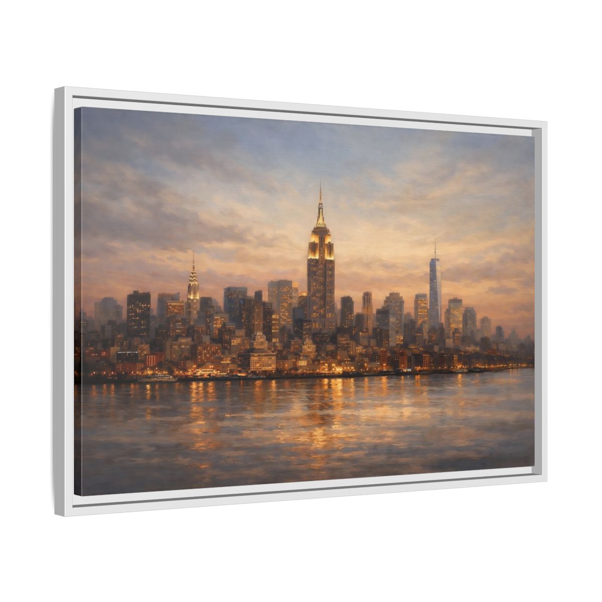Side Mockup 10. Vintage New York Skyline Sunset Cityscape shown as stretched canvas wall art