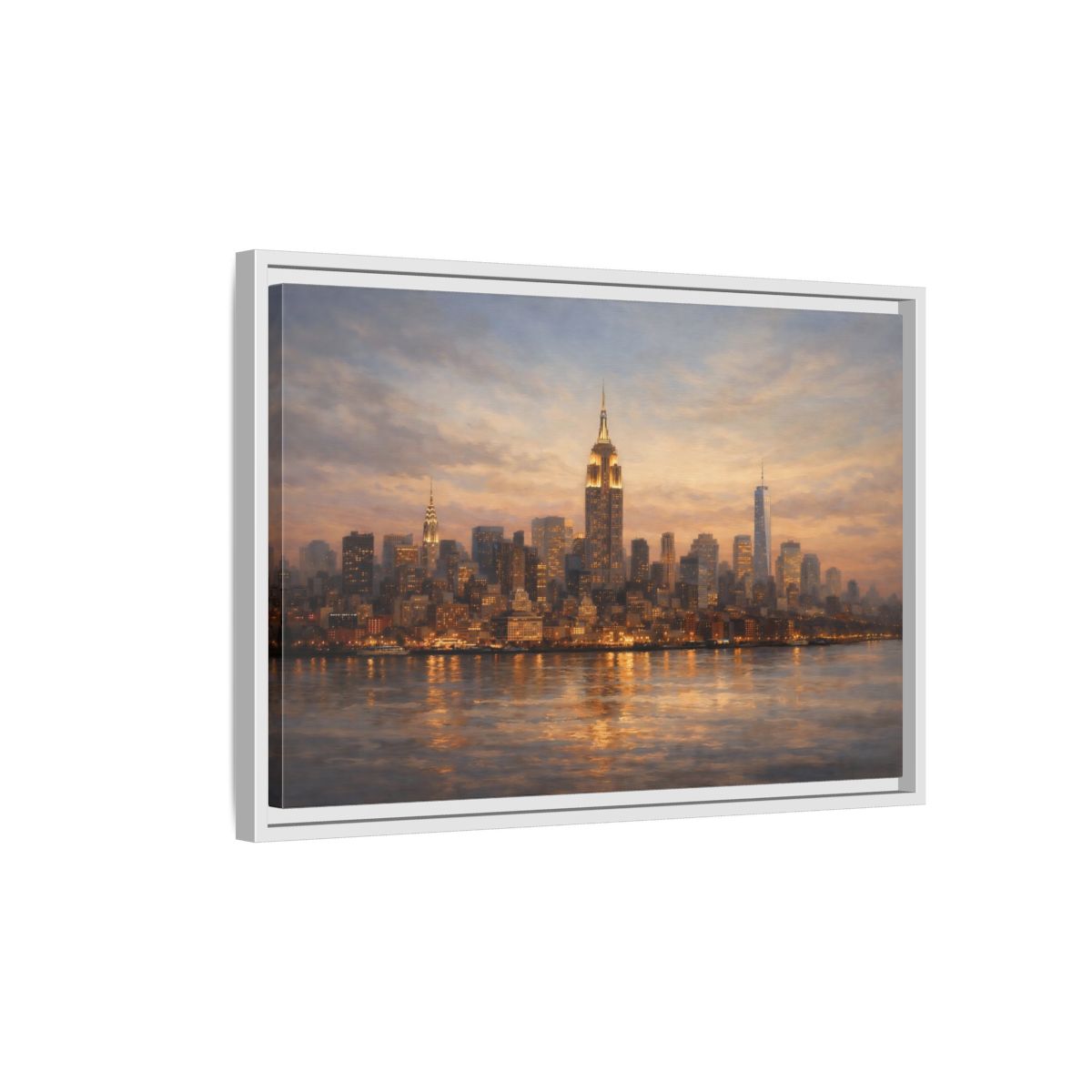 Side Mockup 1. Vintage New York Skyline Sunset Cityscape shown as stretched canvas wall art