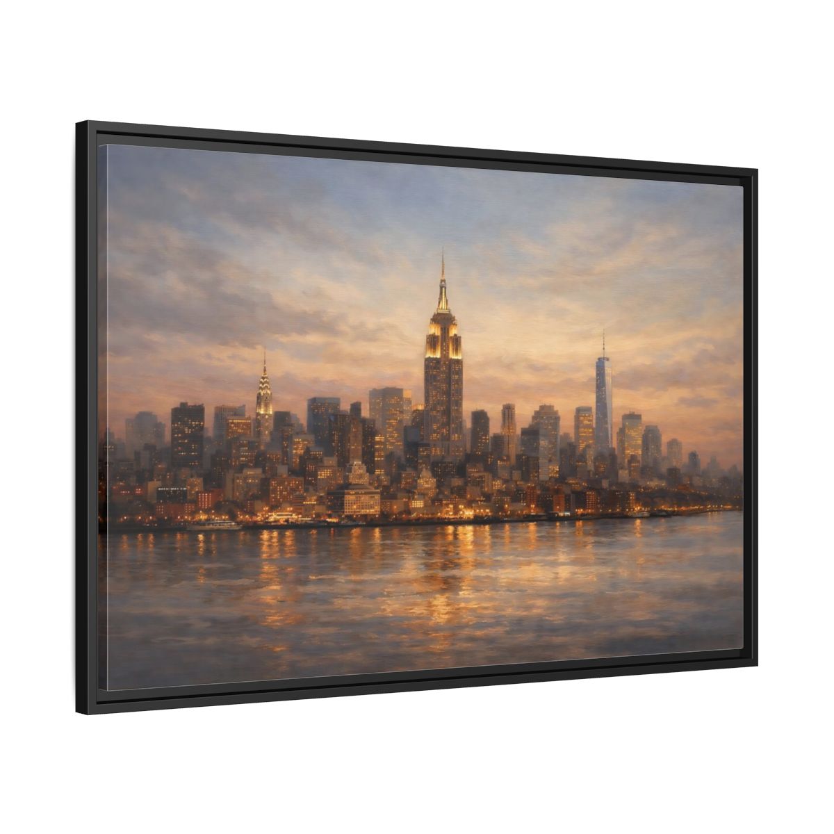 Side Mockup 13. Vintage New York Skyline Sunset Cityscape shown as stretched canvas wall art