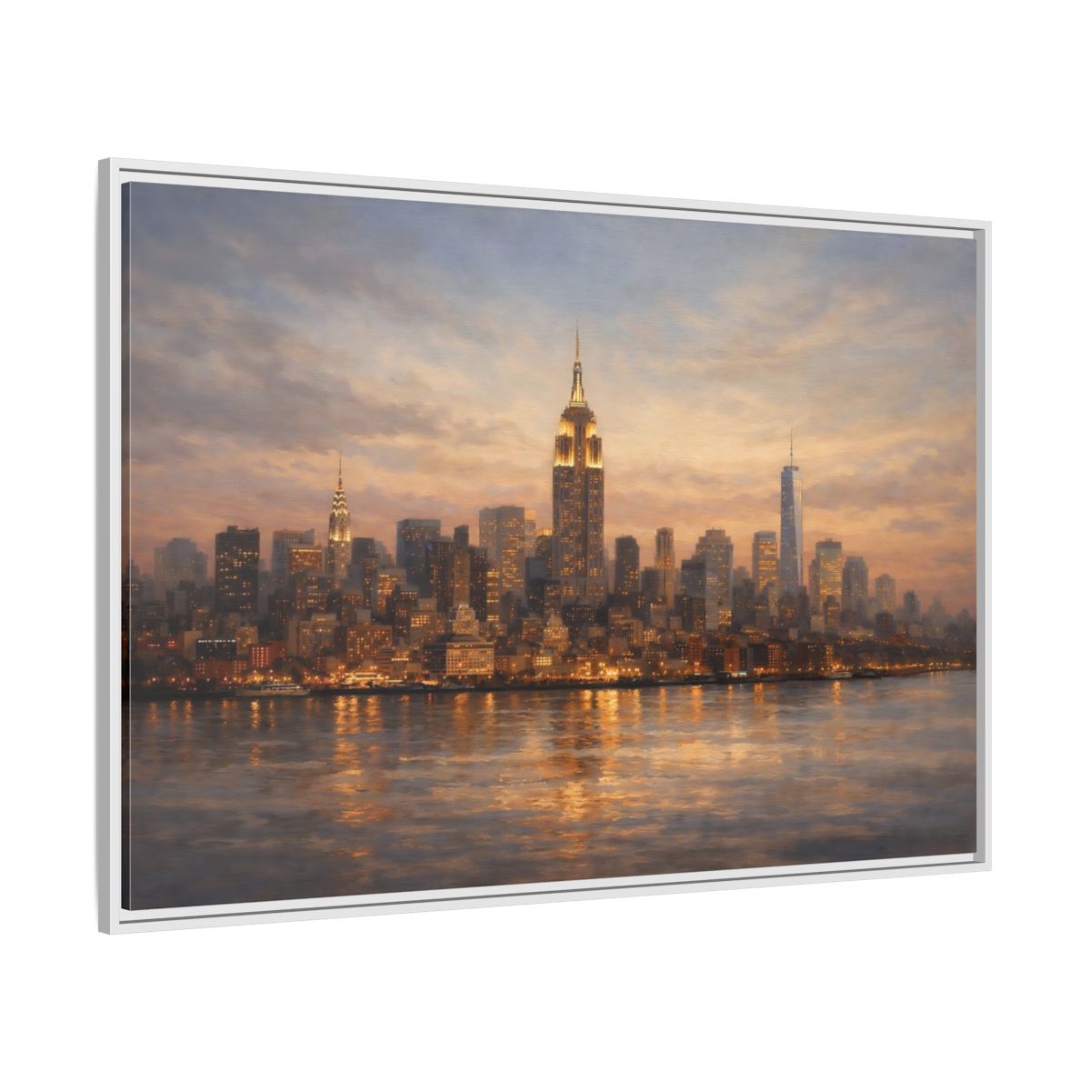 Side Mockup 7. Vintage New York Skyline Sunset Cityscape shown as stretched canvas wall art