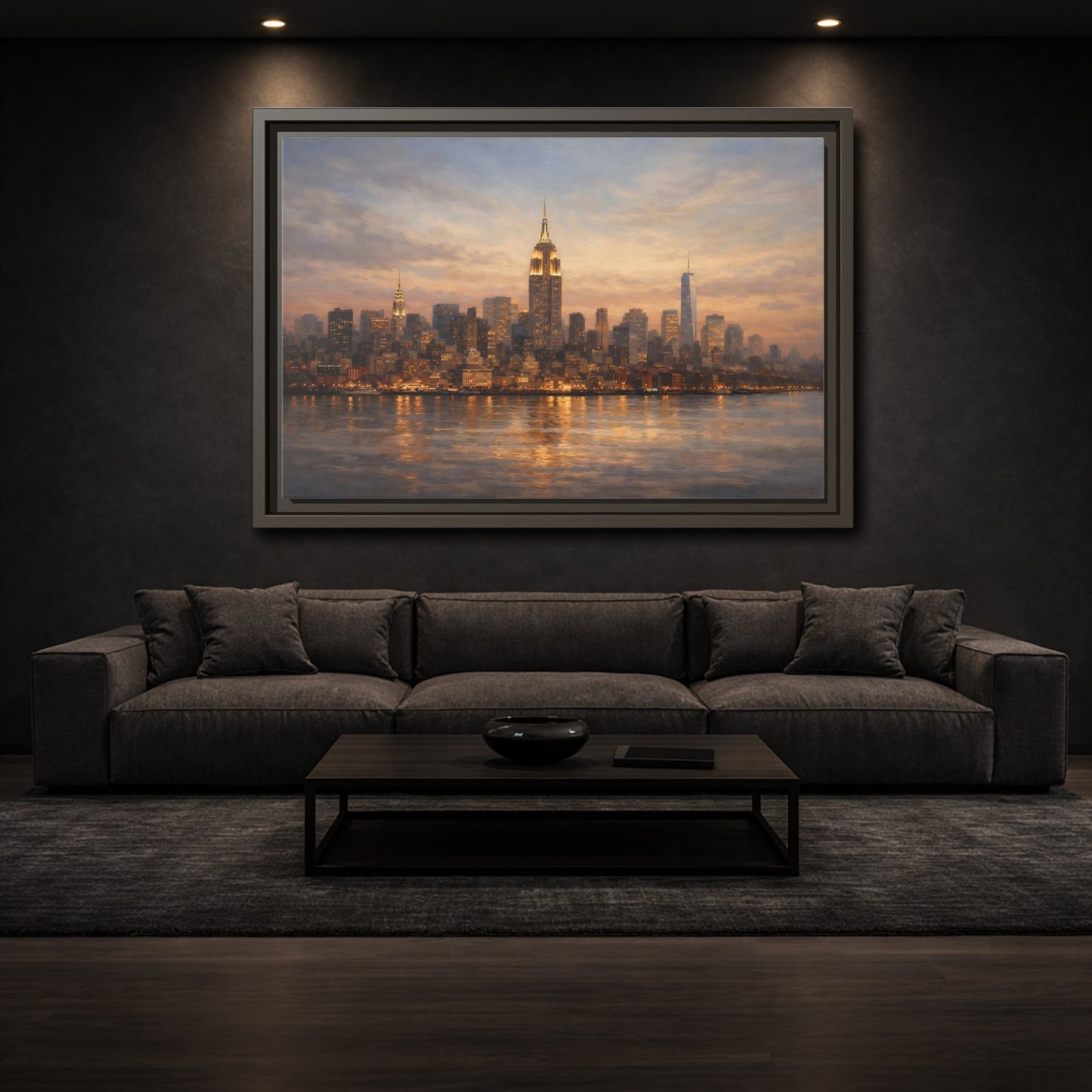 Mockup 2. Vintage New York Skyline Sunset Cityscape shown as stretched canvas wall art