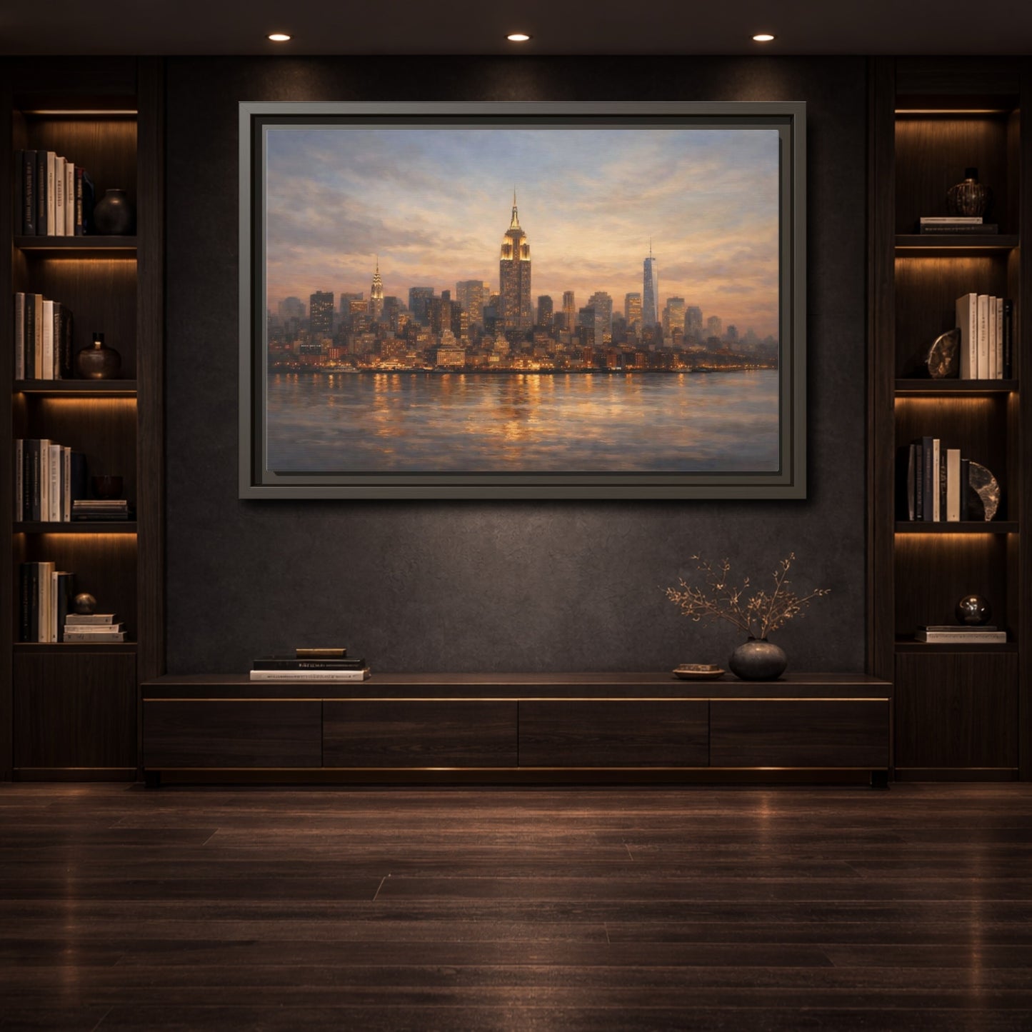 Mockup 3. Vintage New York Skyline Sunset Cityscape shown as stretched canvas wall art