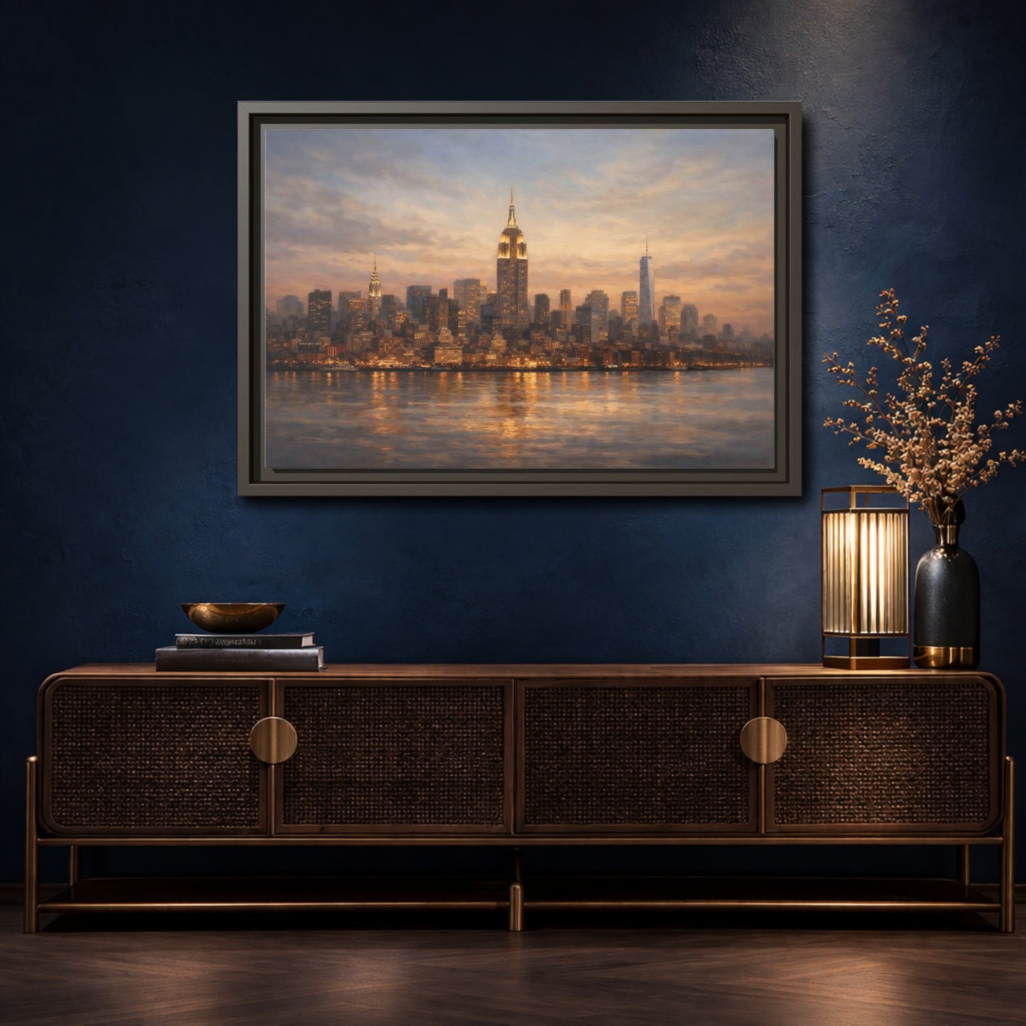 Mockup 4. Vintage New York Skyline Sunset Cityscape shown as stretched canvas wall art