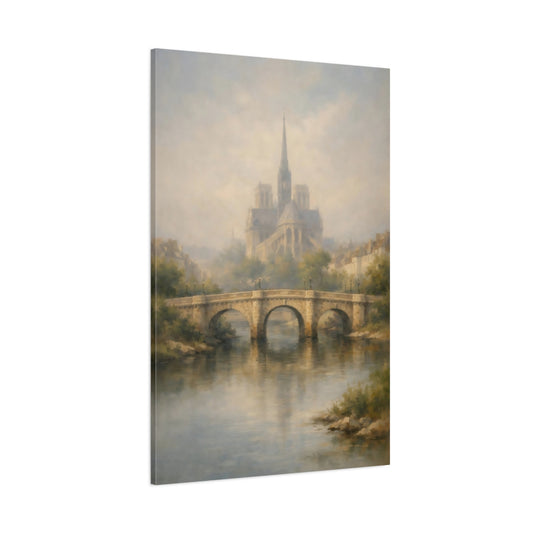 Main Mockup. Vintage Notre Dame Misty Parisian Scene shown as stretched canvas wall art