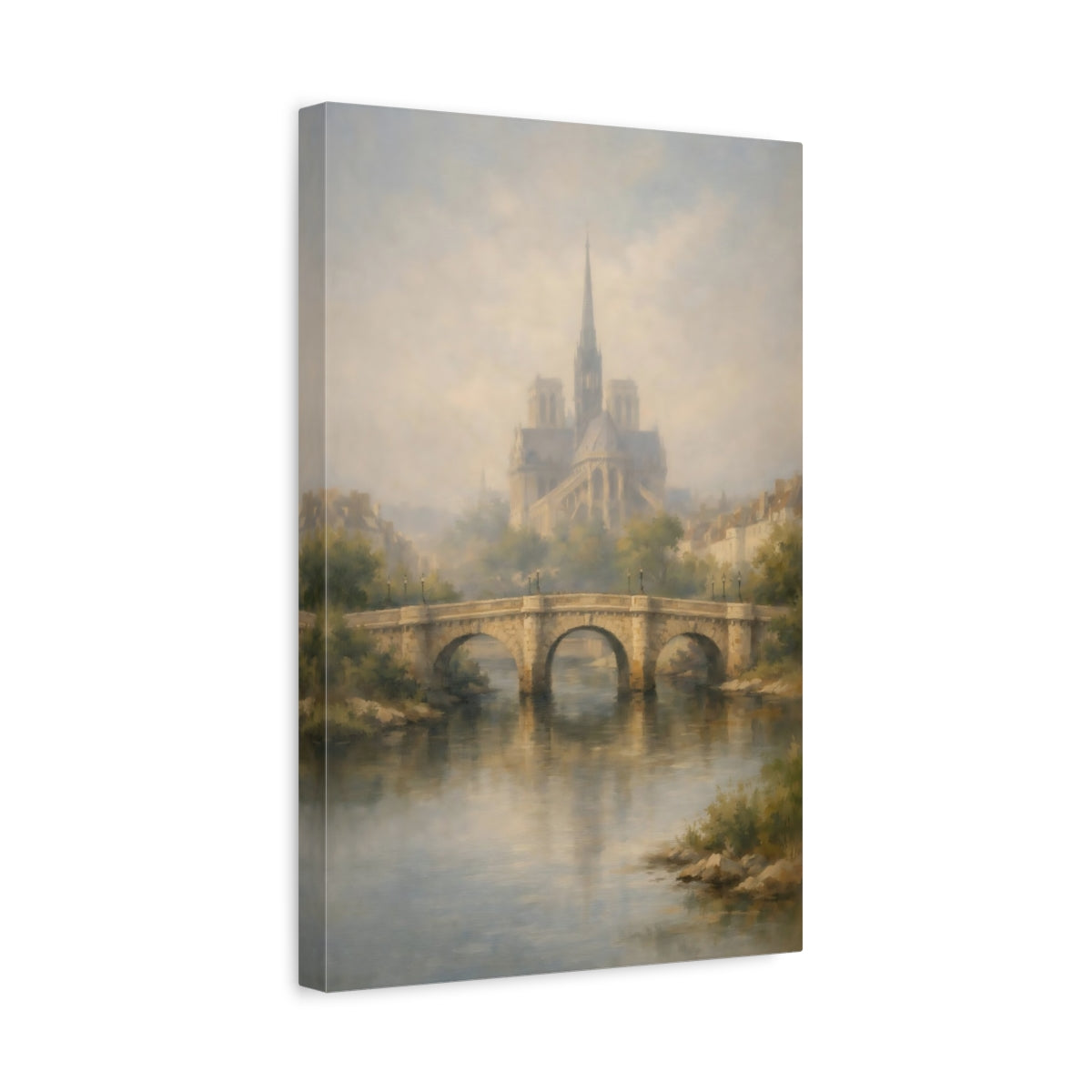Side Mockup 4. Vintage Notre Dame Misty Parisian Scene shown as stretched canvas wall art