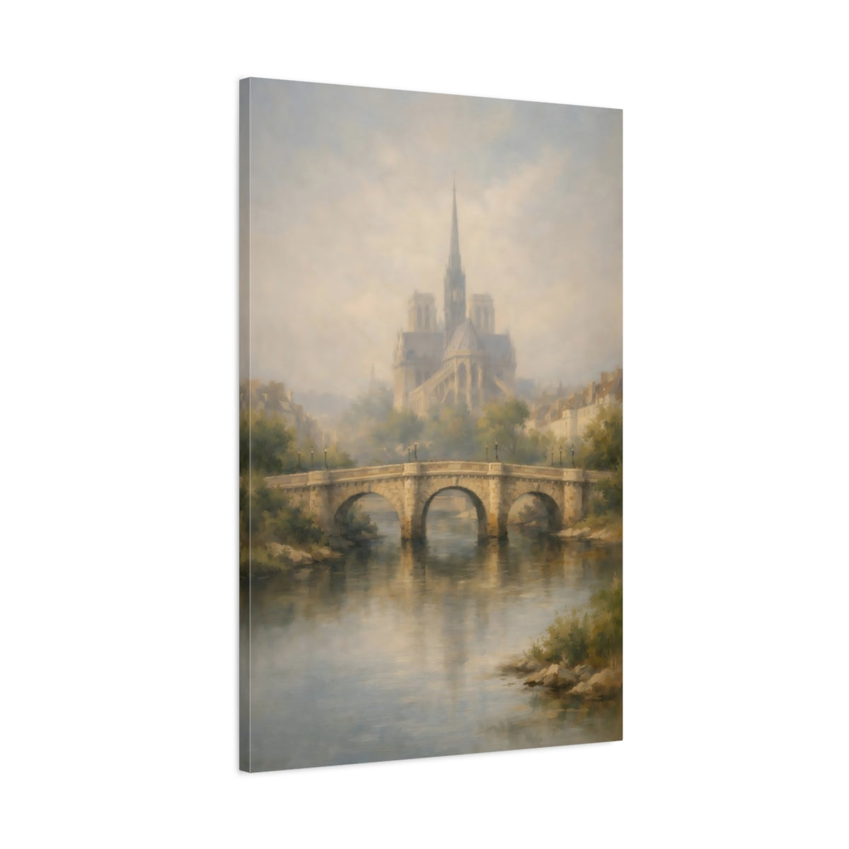 Side Mockup 1. Vintage Notre Dame Misty Parisian Scene shown as stretched canvas wall art