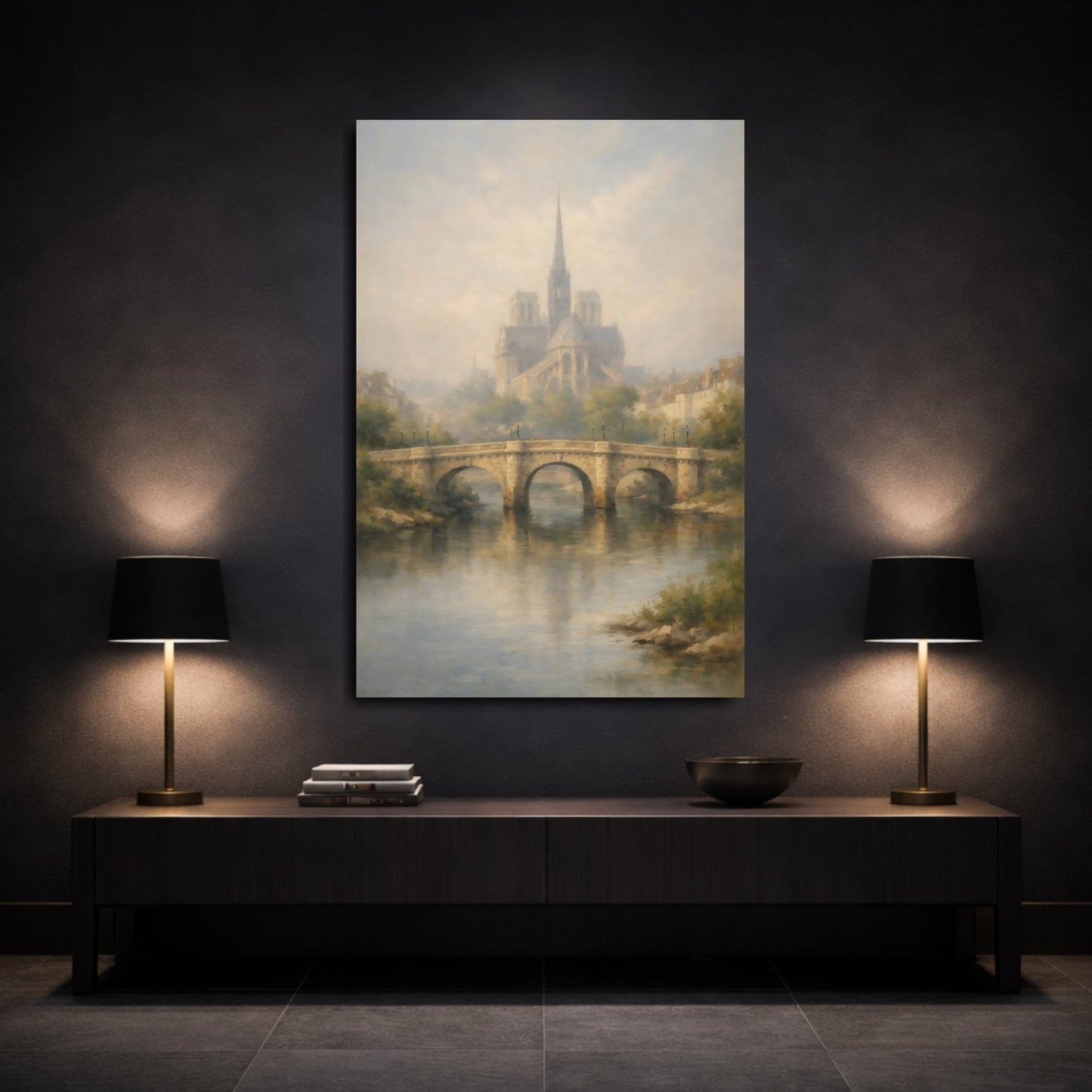 Mockup 2. Vintage Notre Dame Misty Parisian Scene shown as stretched canvas wall art