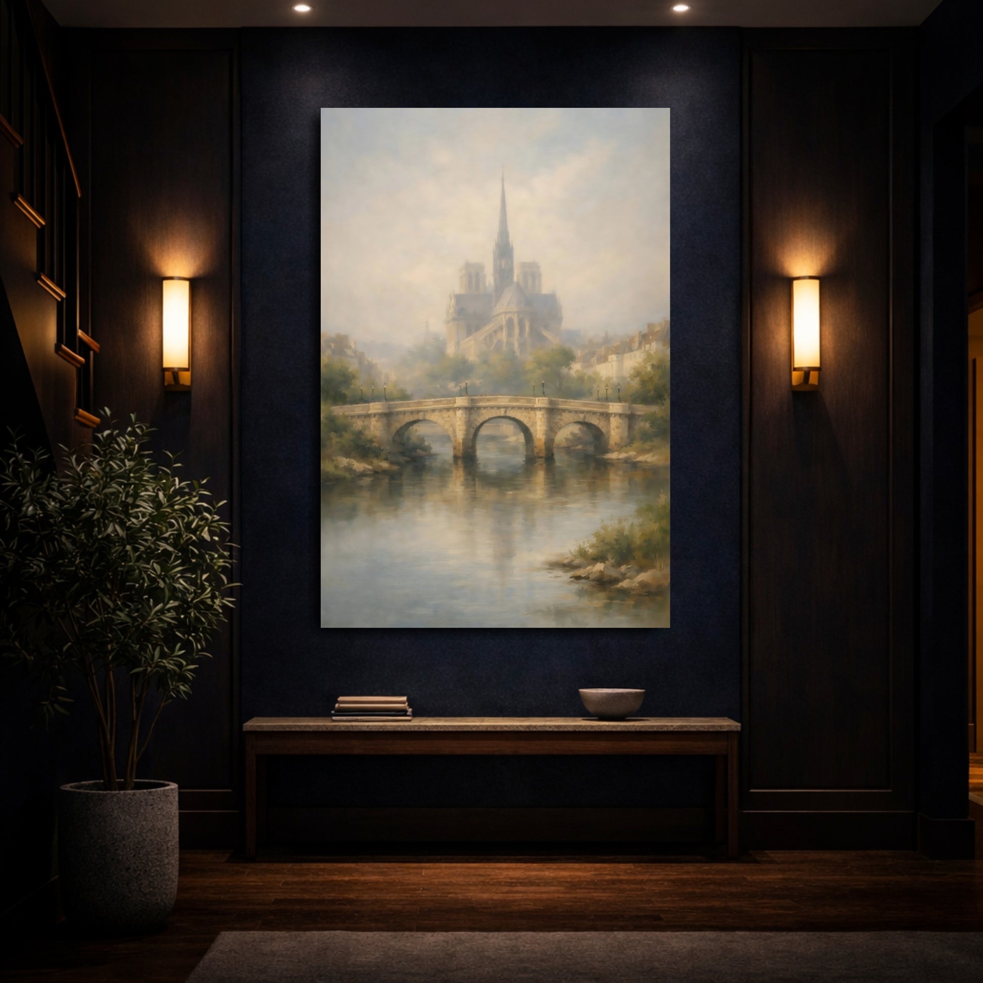 Mockup 3. Vintage Notre Dame Misty Parisian Scene shown as stretched canvas wall art