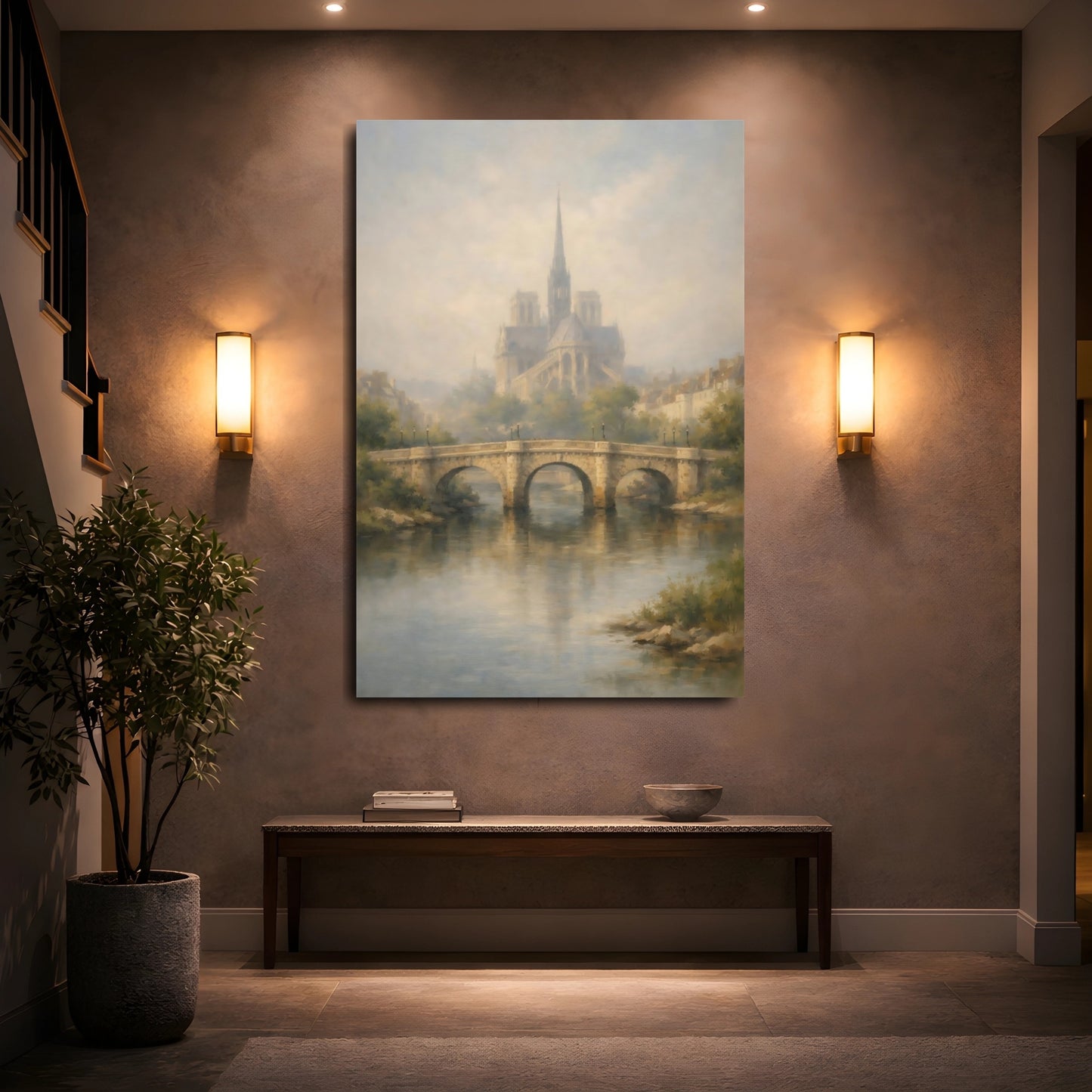 Mockup 4. Vintage Notre Dame Misty Parisian Scene shown as stretched canvas wall art