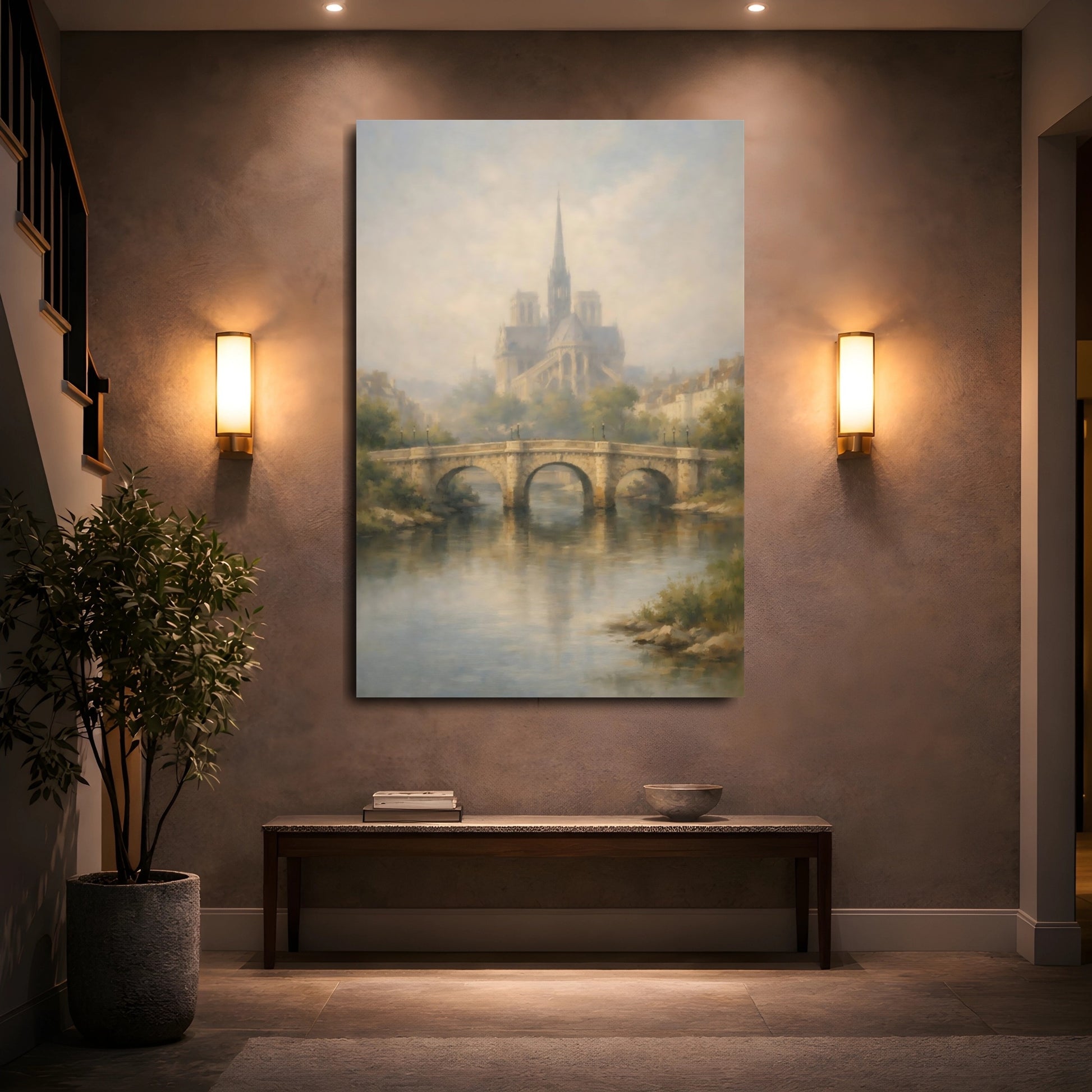 Mockup 4. Vintage Notre Dame Misty Parisian Scene shown as stretched canvas wall art