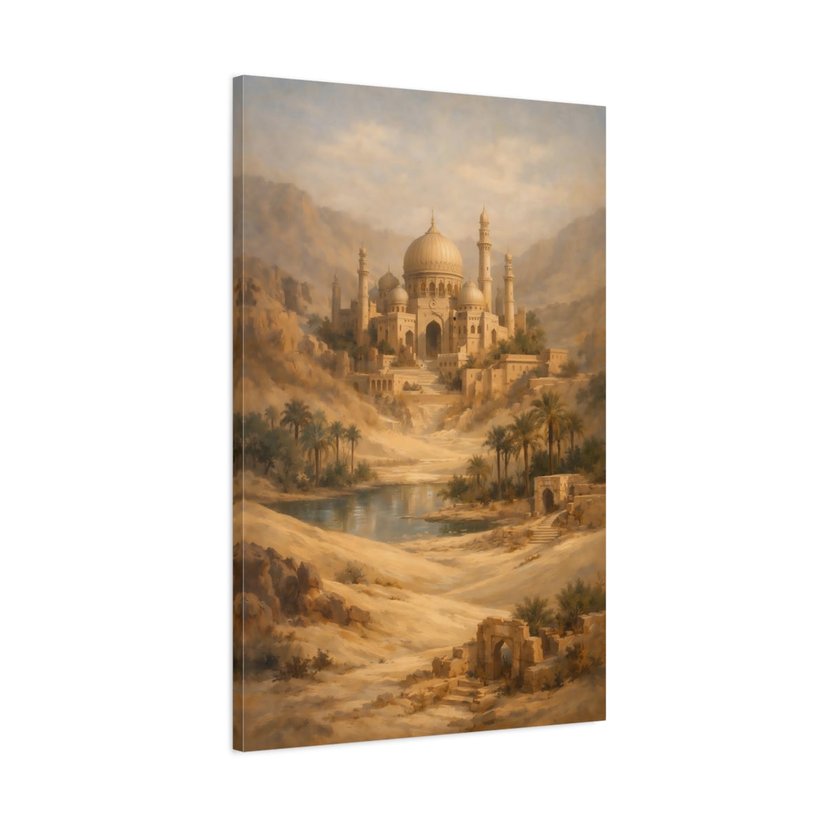 Side Mockup 1. Vintage Oasis Citadel Warm Desert Oasis shown as stretched canvas wall art