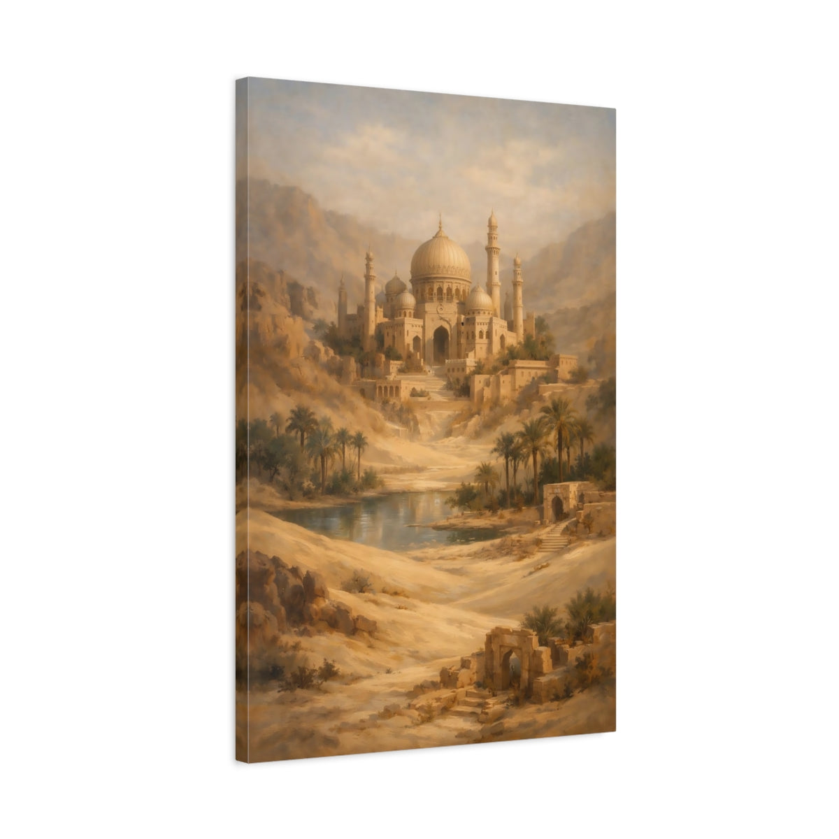 Side Mockup 2. Vintage Oasis Citadel Warm Desert Oasis shown as stretched canvas wall art