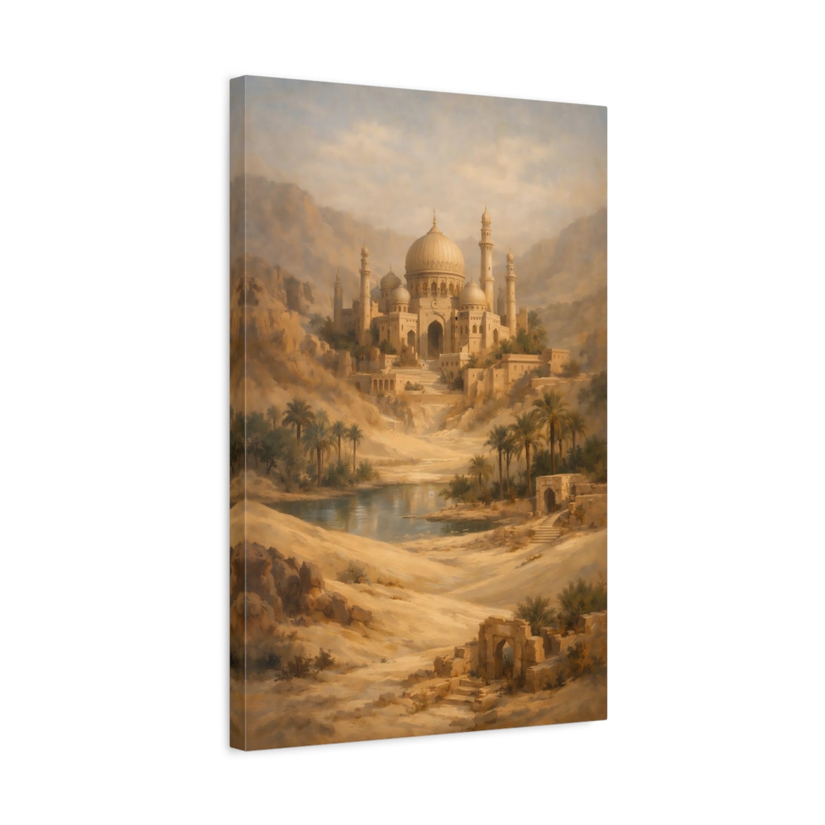 Side Mockup 3. Vintage Oasis Citadel Warm Desert Oasis shown as stretched canvas wall art