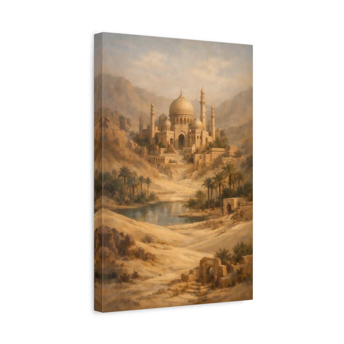Side Mockup 4. Vintage Oasis Citadel Warm Desert Oasis shown as stretched canvas wall art