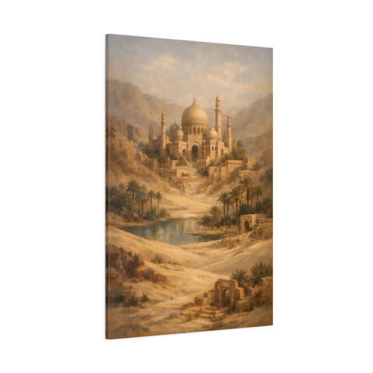 Main Mockup. Vintage Oasis Citadel Warm Desert Oasis shown as stretched canvas wall art