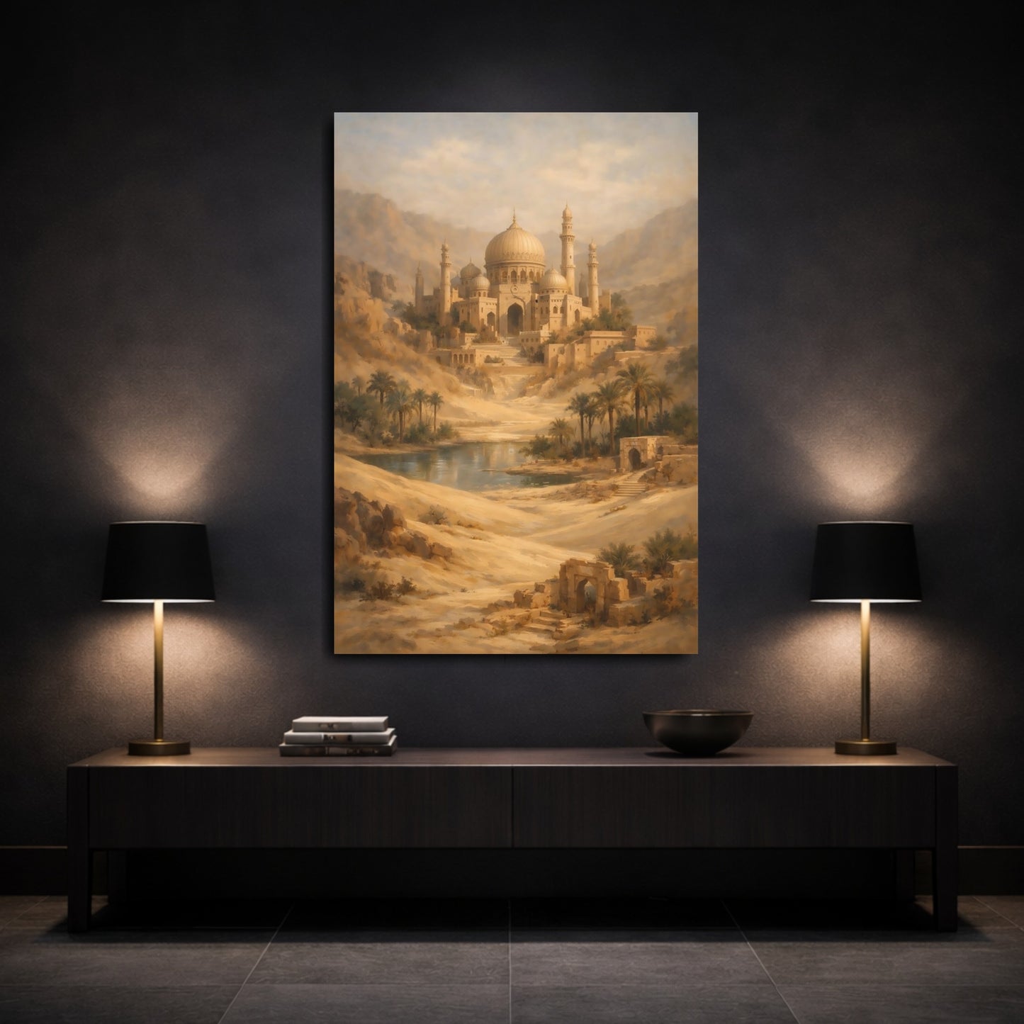 Mockup 2. Vintage Oasis Citadel Warm Desert Oasis shown as stretched canvas wall art