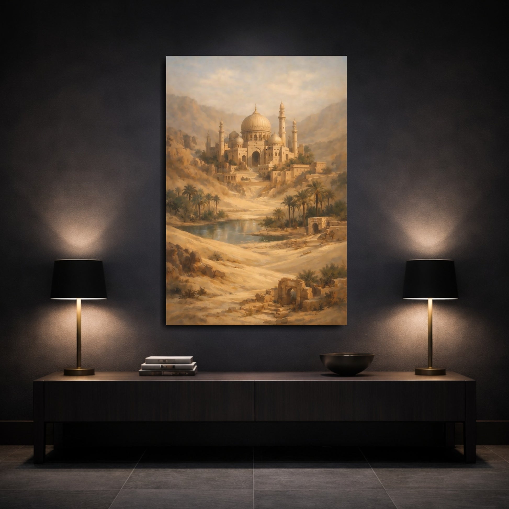 Mockup 2. Vintage Oasis Citadel Warm Desert Oasis shown as stretched canvas wall art