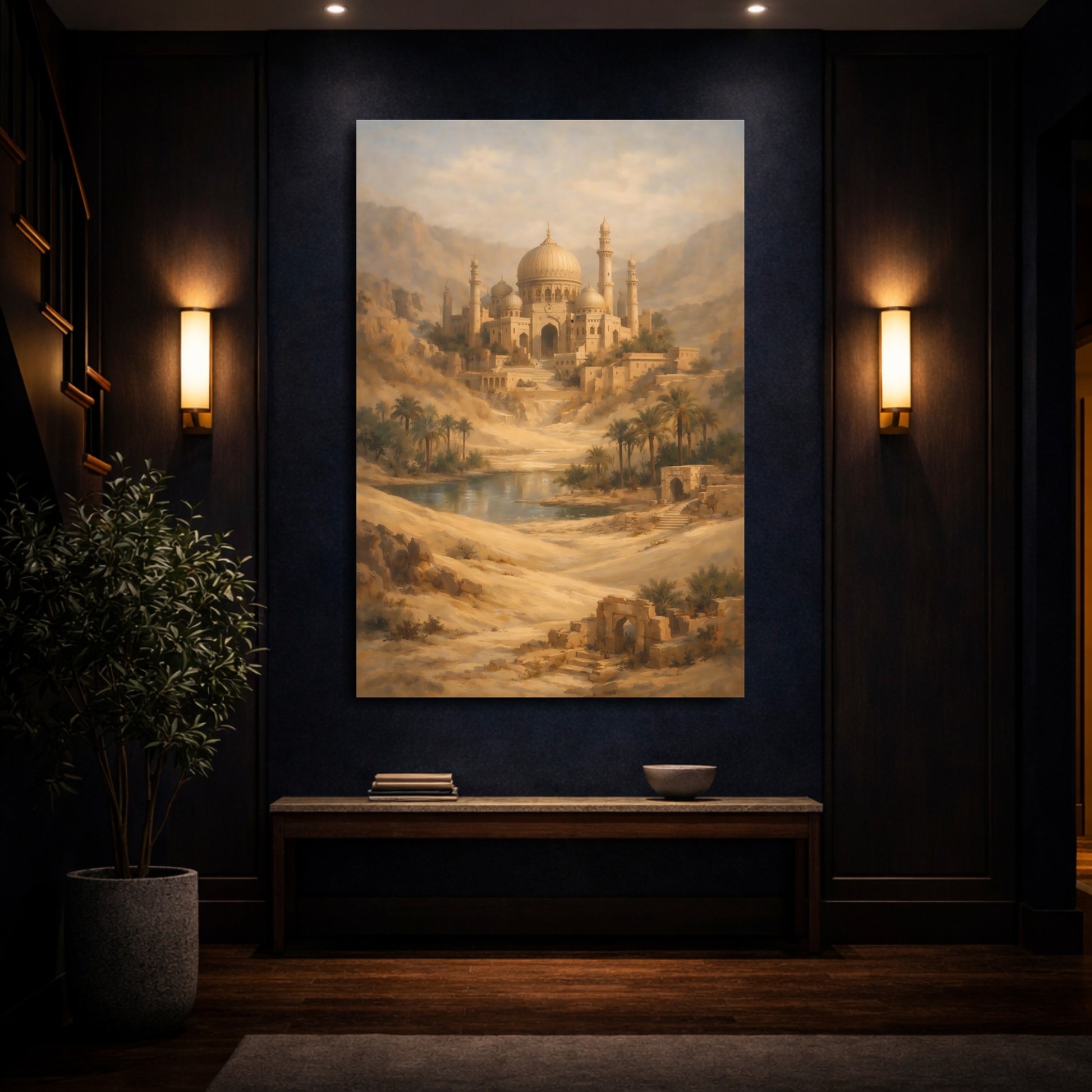 Mockup 3. Vintage Oasis Citadel Warm Desert Oasis shown as stretched canvas wall art