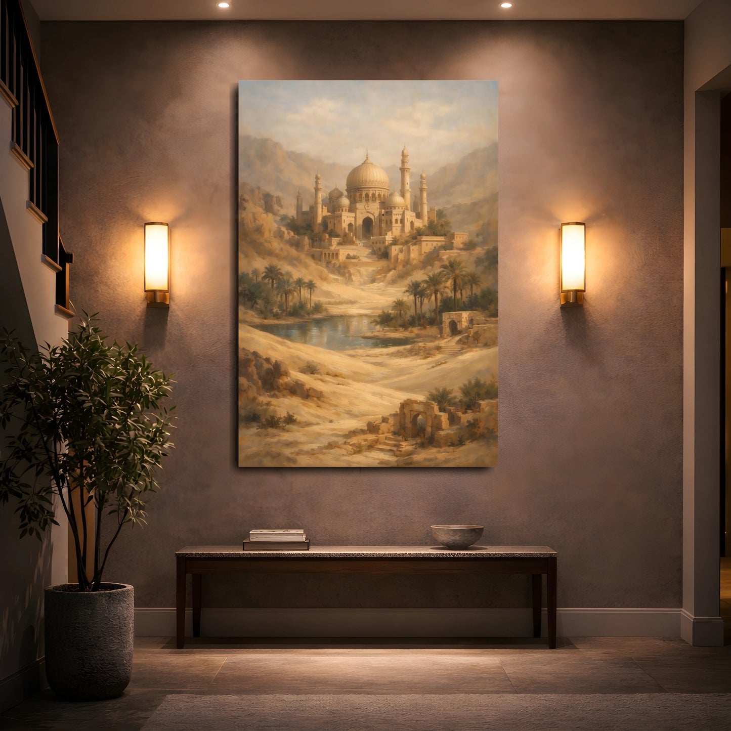 Mockup 4. Vintage Oasis Citadel Warm Desert Oasis shown as stretched canvas wall art