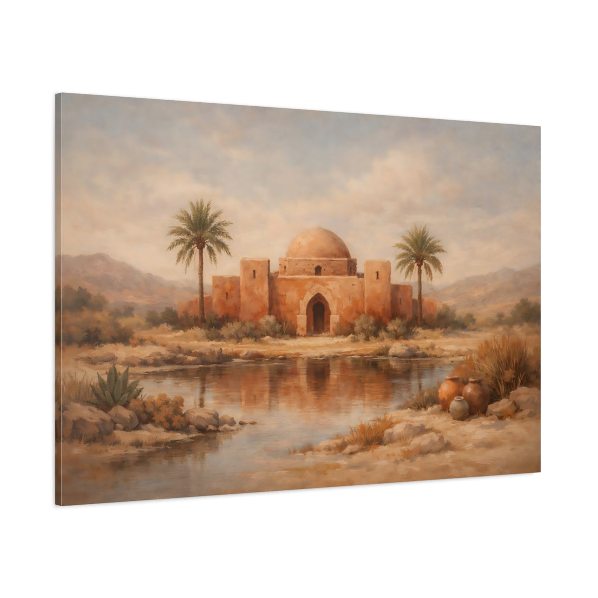 Main Mockup. Vintage Oasis Dome Ochre Desert shown as stretched canvas wall art