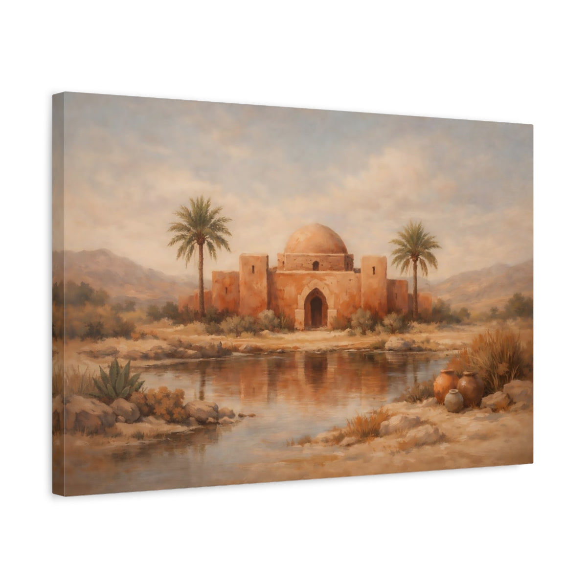 Side Mockup 3. Vintage Oasis Dome Ochre Desert shown as stretched canvas wall art