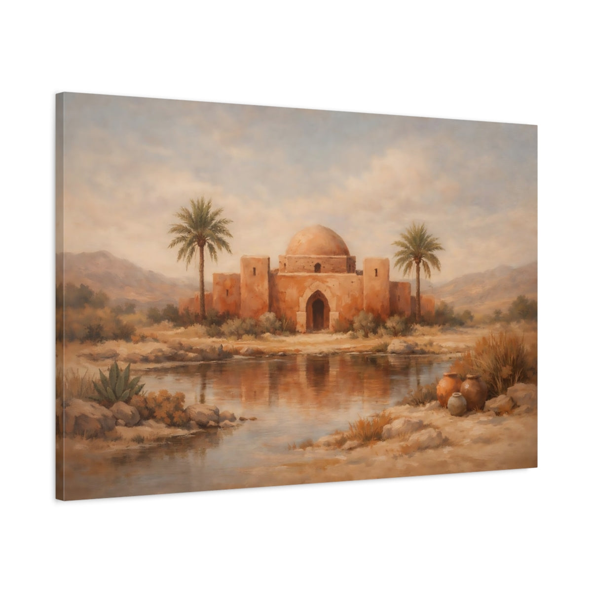 Side Mockup 1. Vintage Oasis Dome Ochre Desert shown as stretched canvas wall art