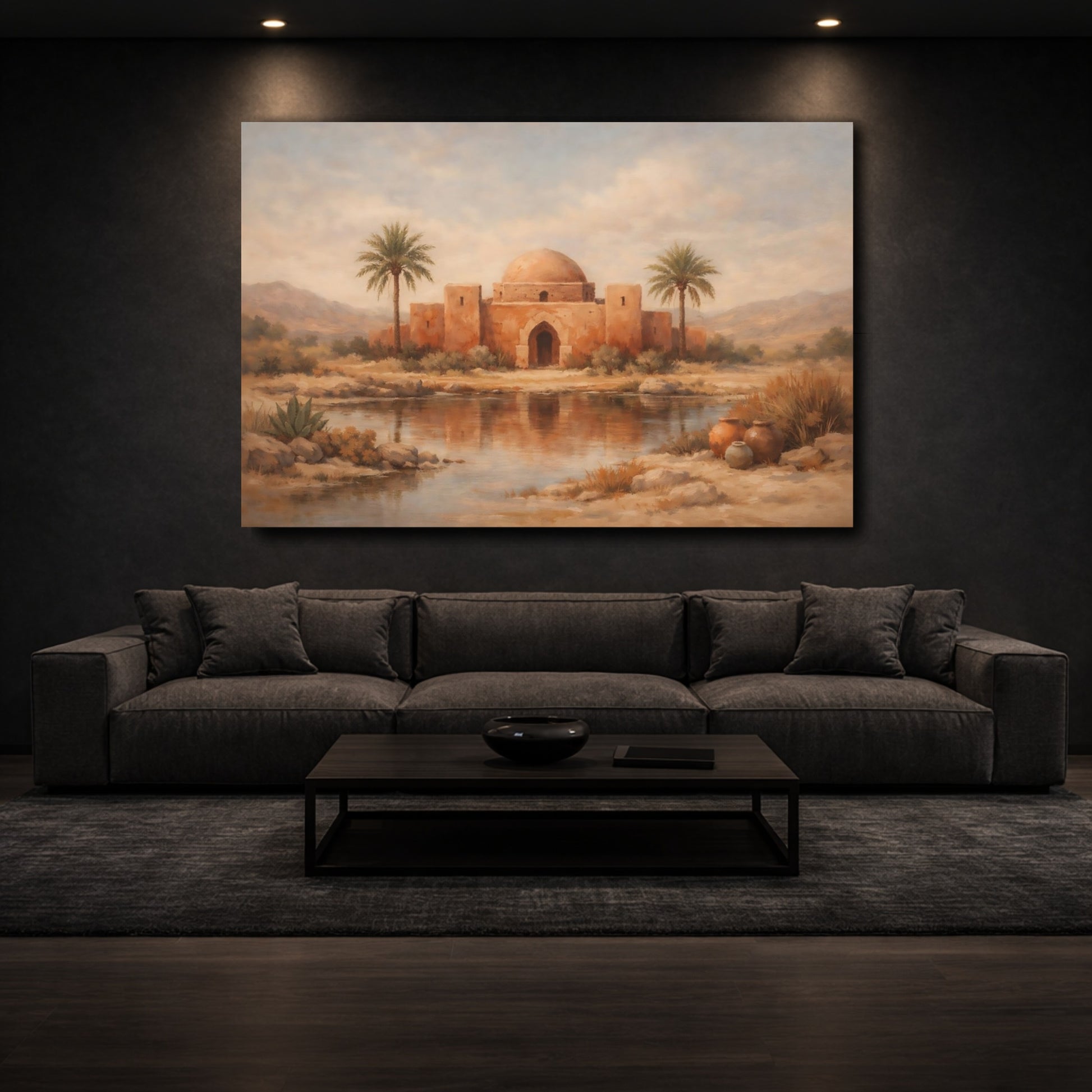 Mockup 2. Vintage Oasis Dome Ochre Desert shown as stretched canvas wall art
