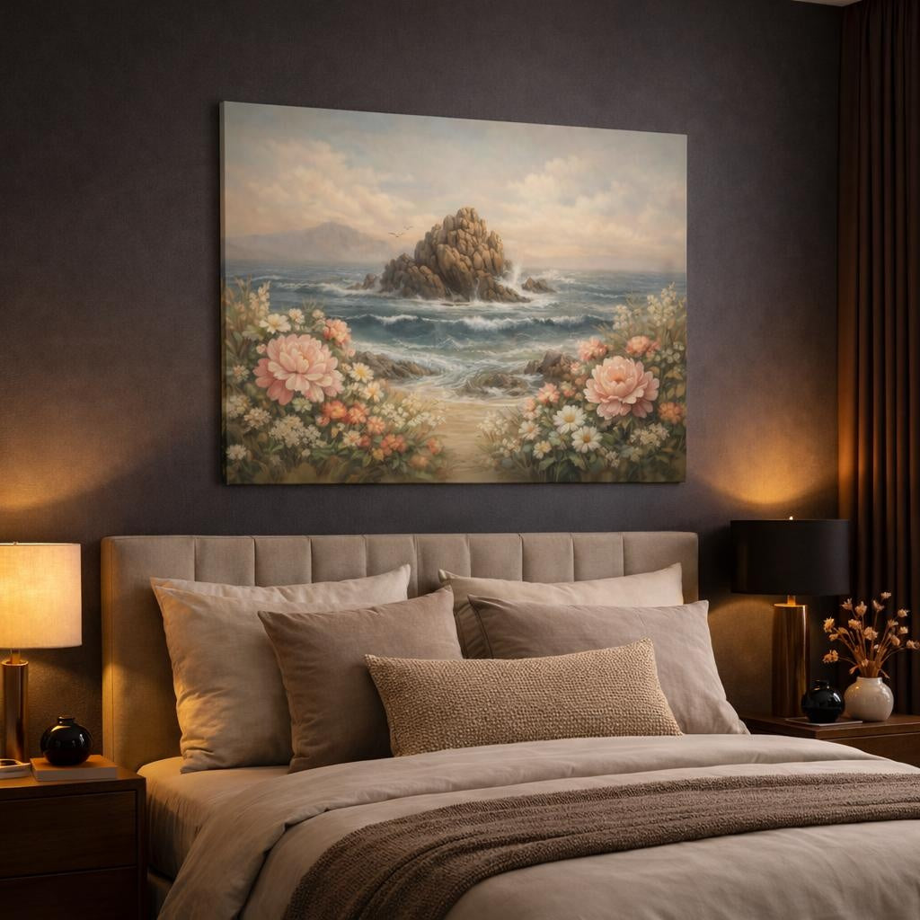 Vintage Ocean Flowers shown as canvas wall art in a luxury bedroom
