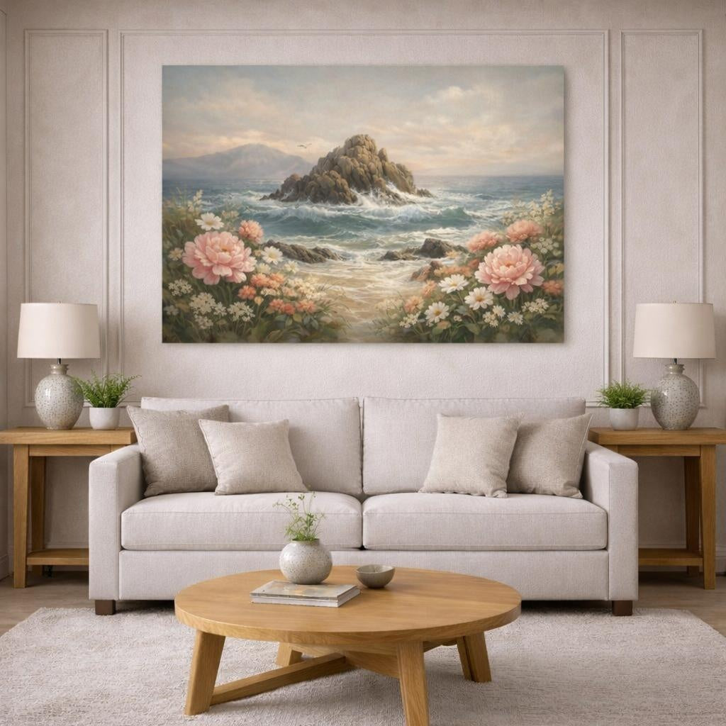 Vintage Ocean Flowers shown as canvas wall art in a modern living room
