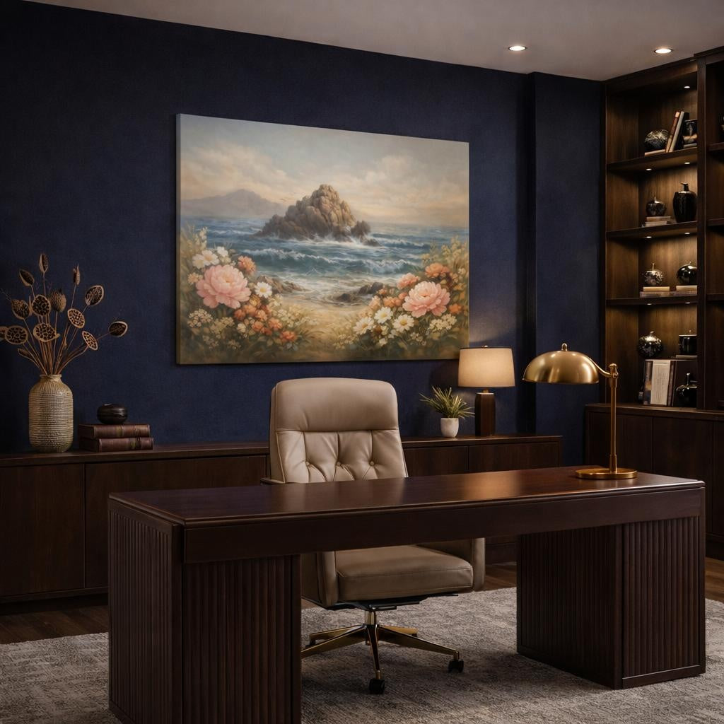 Vintage Ocean Flowers shown as canvas wall art in a refined dining room