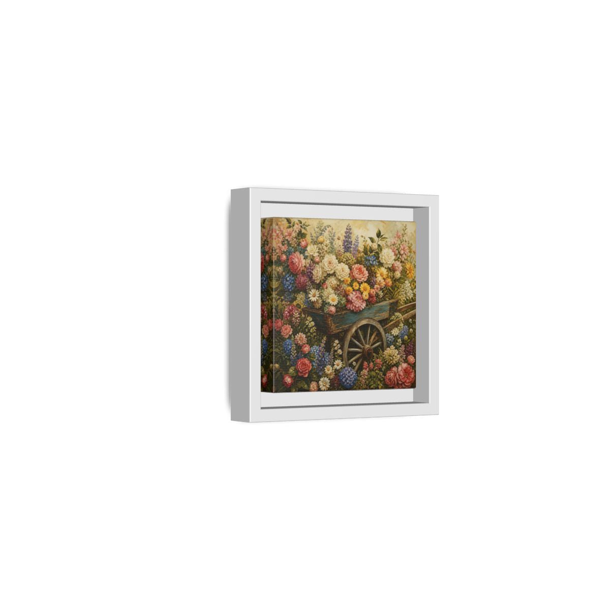 Side Mockup 22. Vintage Oil Painting Garden Cart Filled With Blossoms shown as stretched canvas wall art